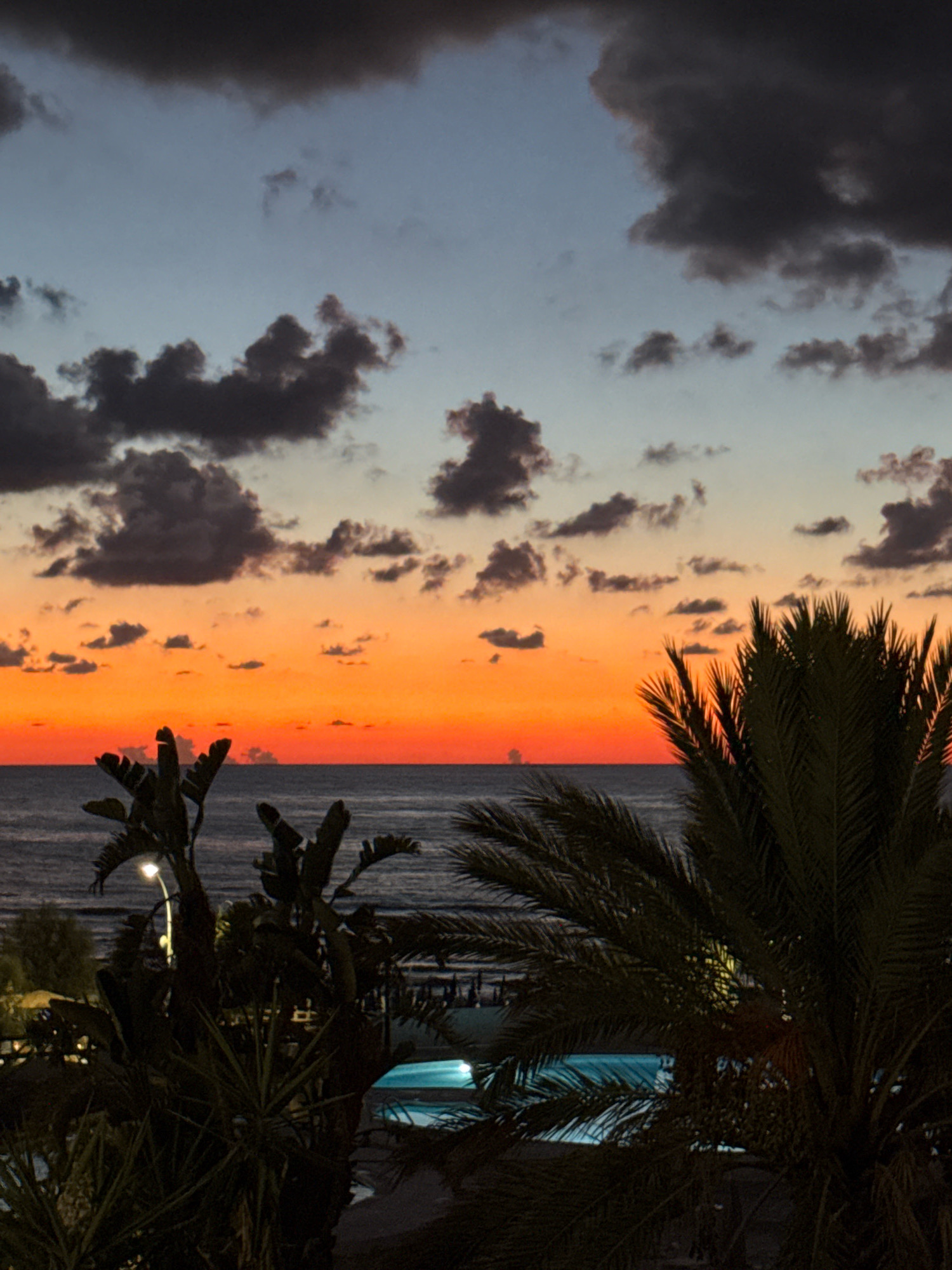 A twilight scene unfolds over the sea near Isola delle Femmine, Italy. The sky transitions from a pale blue near the top to a vibrant orange and red horizon, punctuated by scattered dark clouds. The ocean appears dark and calm. In the foreground, silhouetted palm trees and other tropical foliage create a dark frame on either side of the image. A swimming pool with turquoise water is visible in the lower right portion, partially obscured by palm fronds. A single street light illuminates a palm tree in the left foreground. The overall atmosphere is tranquil and serene.