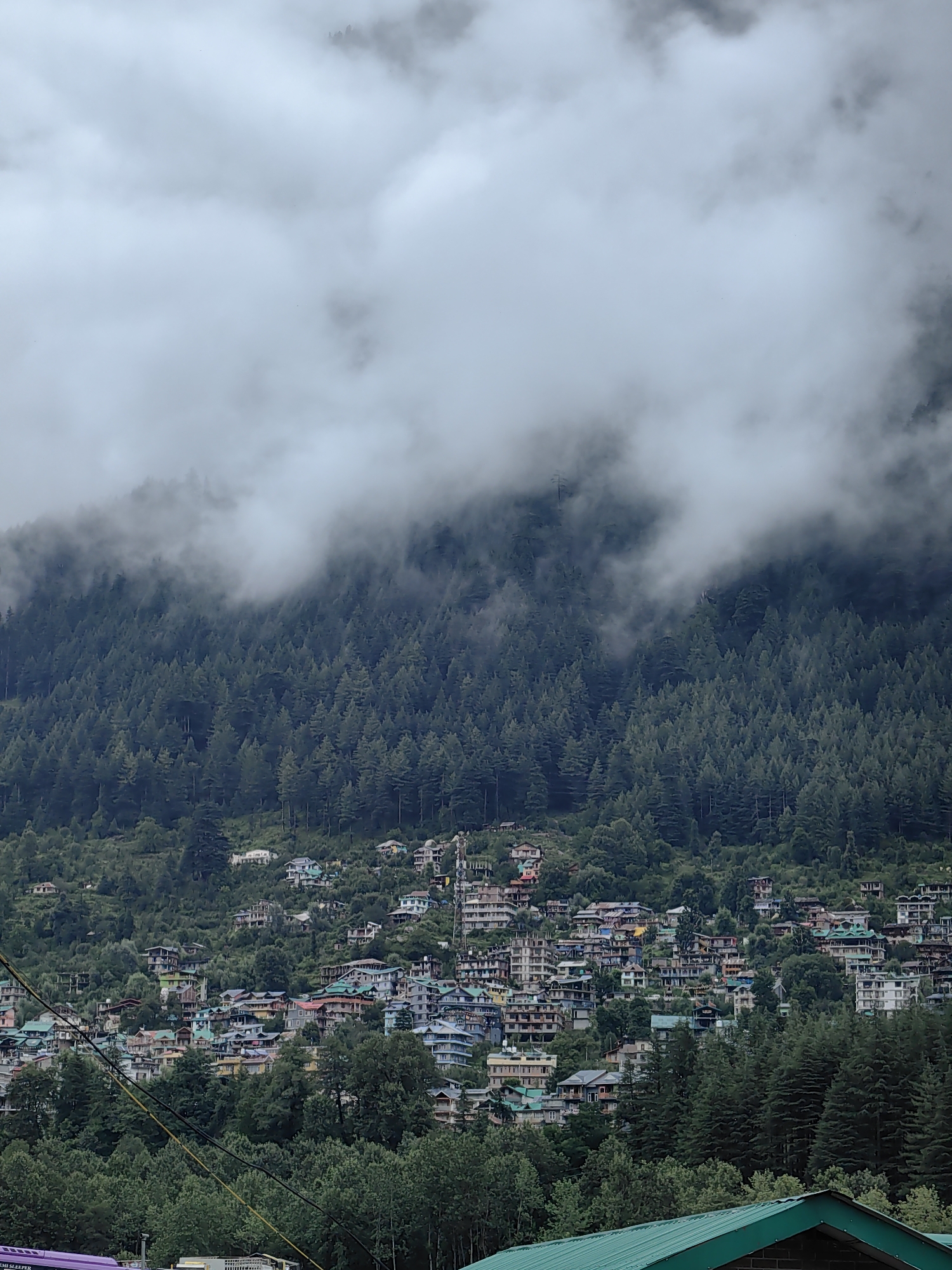 This is a vertical, medium-shot, eye-level photograph of a densely populated hillside in Siumsa, India, under a cloudy sky. The town is built on a steep incline, with houses of varying sizes and colors, many featuring green roofs, cascading down the slope. A dense forest of evergreen trees covers the upper portion of the hillside, partially obscured by thick, white clouds that hang low, creating a misty atmosphere. In the foreground, the top of a green-roofed structure is visible. Power lines crisscross the lower portion of the image, and a purple bus is partially visible on the far left. The scene suggests a cloudy, possibly humid, day in a mountainous region. There are no visible people or animals in the image.