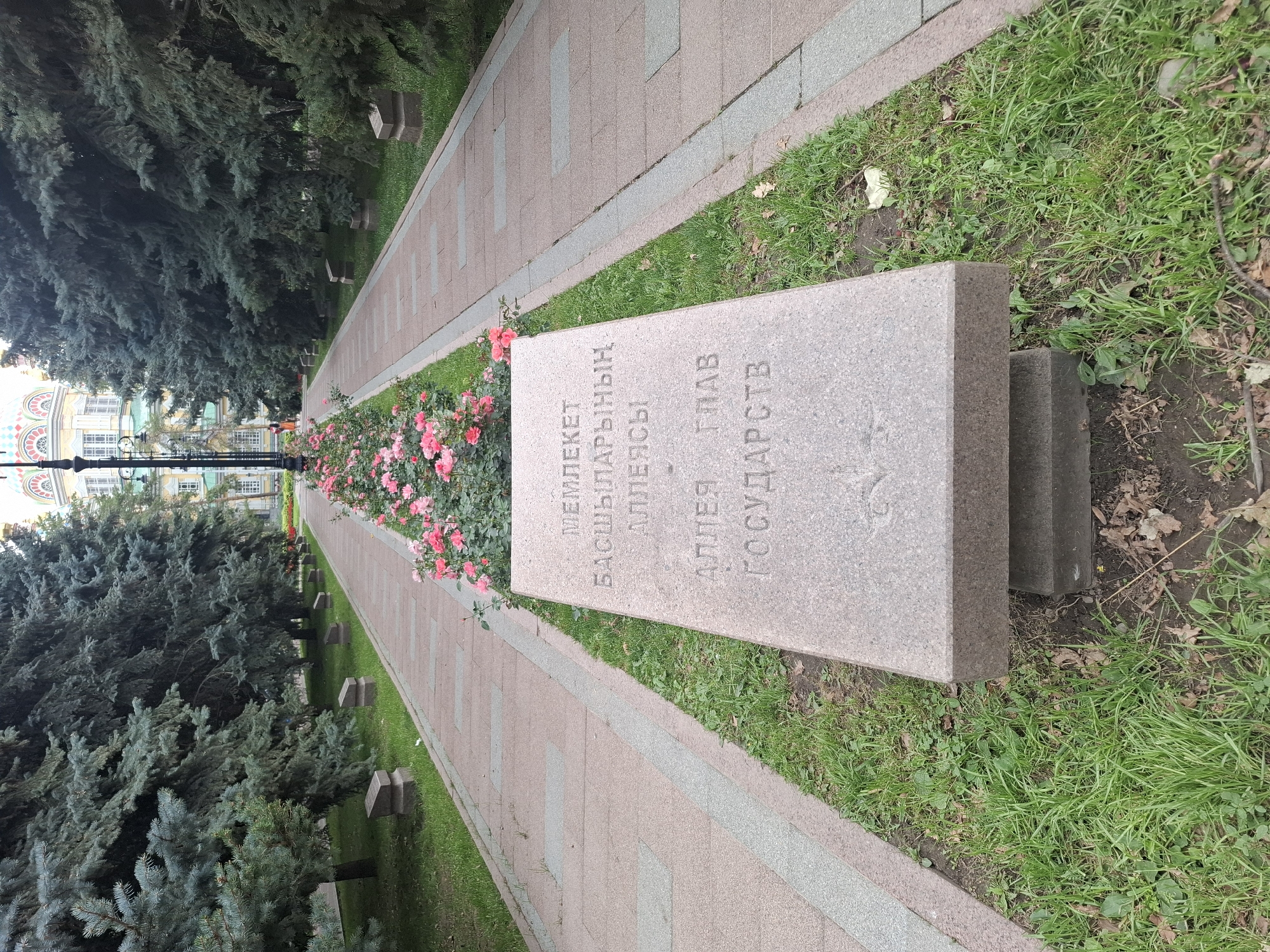 A frontal view of a stone monument in Almaty, Kazakhstan, is captured in this outdoor photograph. The monument, made of light-colored granite, is positioned on a well-maintained lawn with a pathway of pink and grey paving stones to its right. The monument has inscribed text in a language that appears to be Cyrillic or a closely related script. Behind the monument, a symmetrical arrangement of dark green fir trees lines both sides of the pathway, creating a natural canopy. In the distance, a building with a light-colored facade and an ornate dome is visible, suggesting a historical or governmental site. The overall scene conveys a sense of solemnity and historical significance.