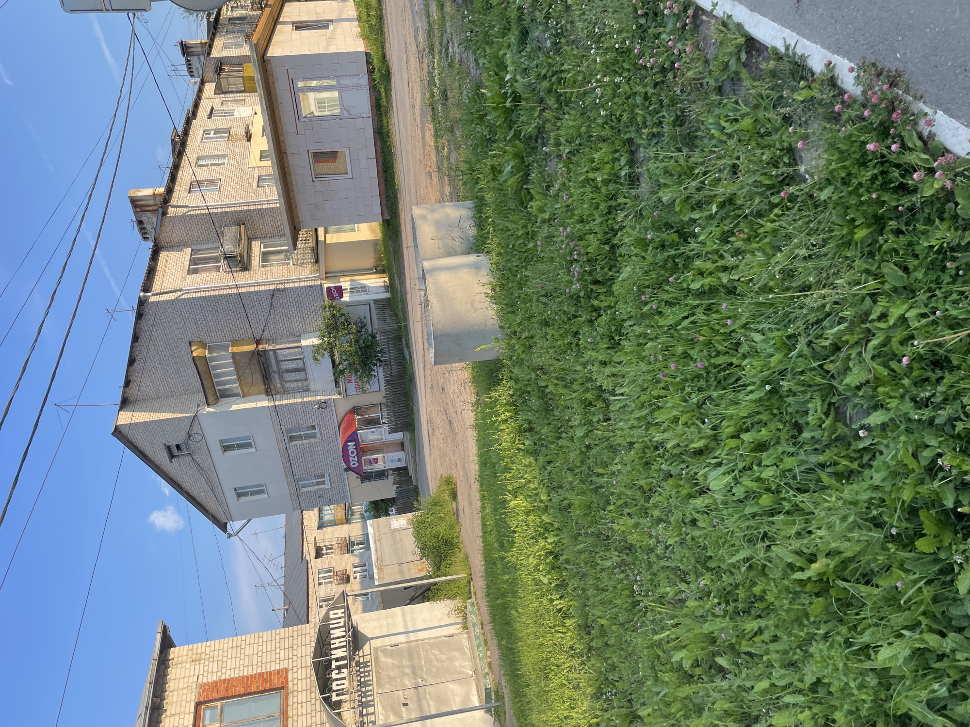 The image depicts a street scene in the village of Prudí, Russia. In the foreground, a patch of overgrown green grass with scattered small pink and white flowers lines a concrete curb and asphalt road. Two large, concrete ring-shaped objects, possibly part of a construction or well system, are situated in the grass. Behind the grass, a dirt road leads towards buildings. To the left, a light-colored brick building with a sign reading "ГОСТИНИЦА" (Hotel) is visible, with large metal doors. Next to it is another grey building. Further back, a multi-story residential building constructed of light-colored bricks with multiple windows and balconies stands under a clear blue sky with scattered white clouds. A smaller, single-story building with a red awning and an "OZON" logo is in front of the residential building. To the right of the OZON store is a simple, unfinished construction structure. Power lines crisscross overhead, and various antennas are visible on the rooftops. The overall impression is that of a rural or small-town street during daylight, possibly late afternoon given the angle of the sunlight.