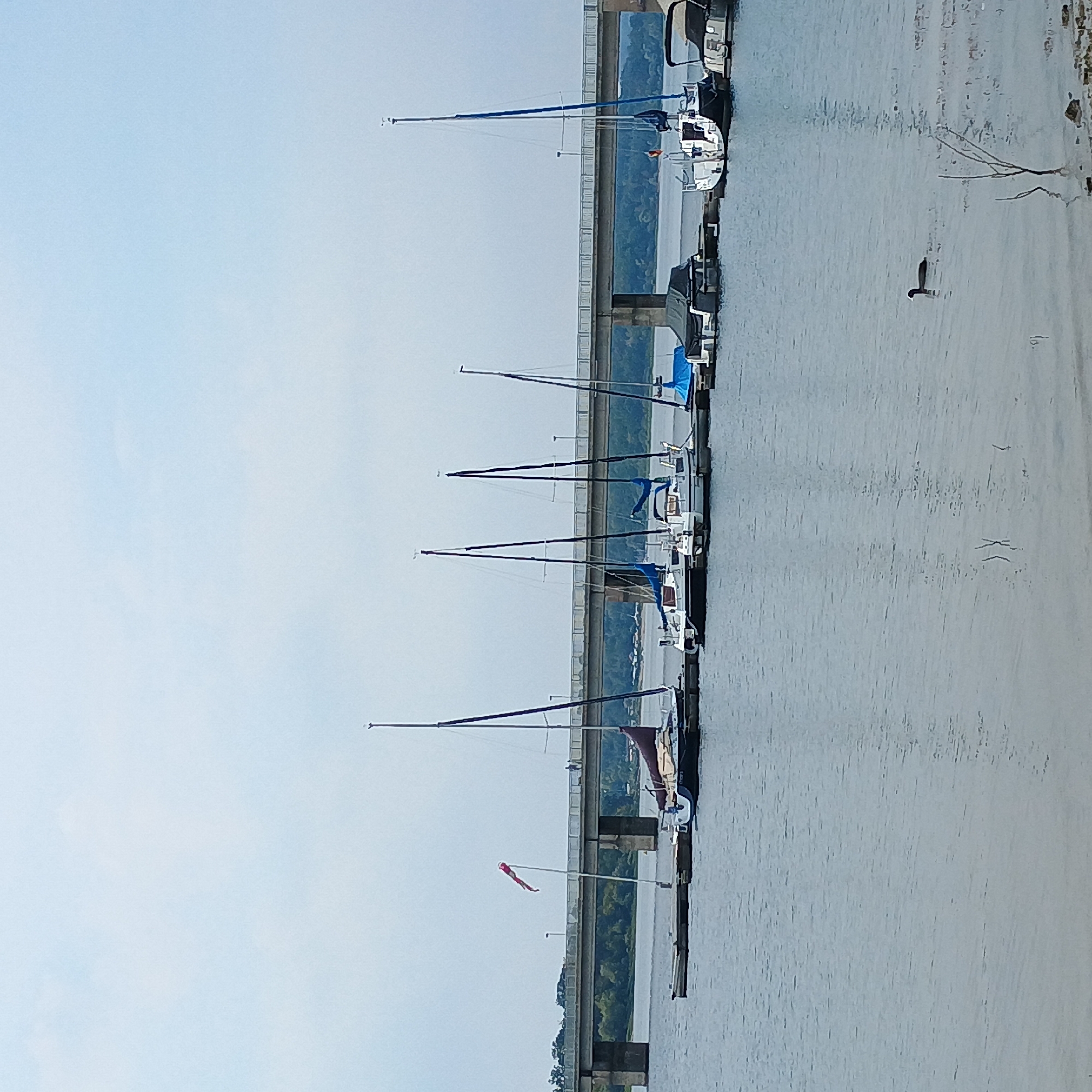 The image depicts a serene view of a lake with several sailboats docked at a pier in Möhnesee, Germany. A bridge with traffic and pedestrian walkways spans across the water in the background. The sky is overcast with a light blue hue. On the left side of the pier, a red windsock is visible on a flagpole. The sailboats vary in size and color, with some having their sails furled and others covered. The water is calm, reflecting the overcast sky. In the foreground, a single duck is swimming on the lake. The overall scene conveys a peaceful atmosphere of a lakeside town on a cloudy day.