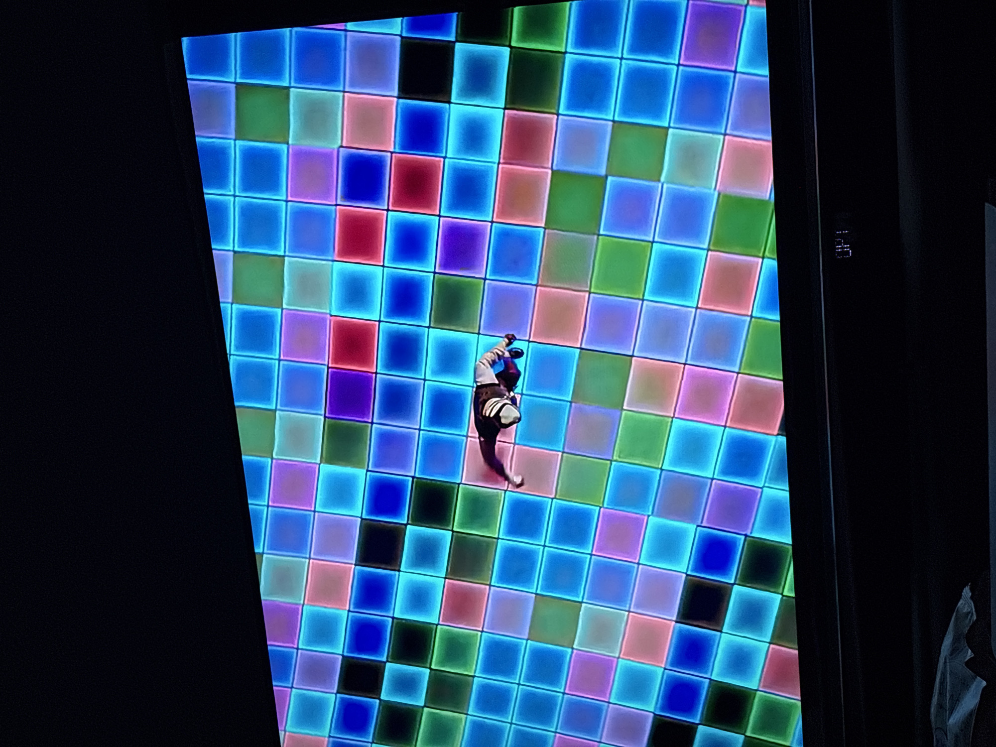 A monitor displays a checkerboard pattern of illuminated squares in varying hues, primarily blues, greens, pinks, and purples. In the center of the screen, a figure in dark clothing and a light-colored hat is visible. The monitor is situated in a dark room, with the edges of the monitor frame apparent on the left and right sides of the image. The location in Lovech, Bulgaria is not evident from the provided visual information.