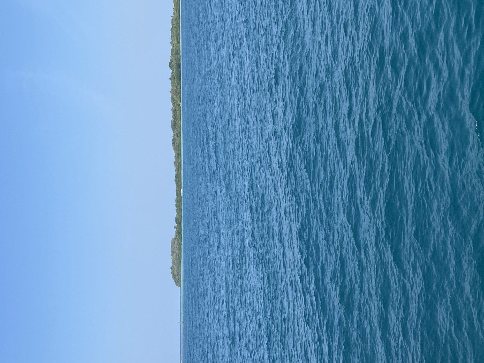 The image displays a wide expanse of calm, deep blue ocean under a clear, bright sky. In the distance, a narrow strip of lush green island is visible, characterized by dense trees and a slightly undulating shoreline. The island appears uninhabited, with no visible structures or people. The foreground is dominated by the textured surface of the water, showing gentle ripples that catch the sunlight. The horizon line is sharp, separating the sea from the island and the sky. This scene is indicative of the serene coastal environment found in places like Karimunjawa, Indonesia, known for its numerous small islands and clear turquoise waters.