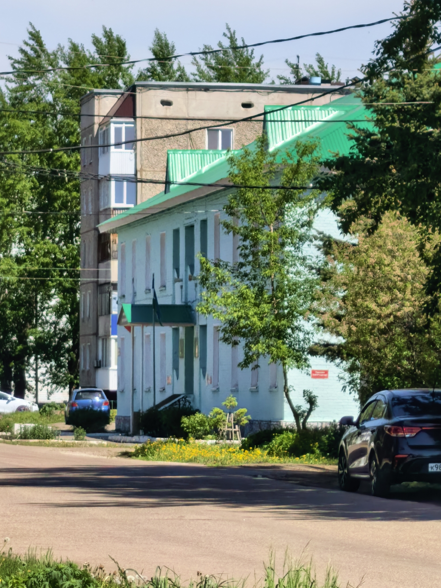 The image depicts a street scene in Sterlitamak, Russia. A light blue, two-story building with a green roof stands slightly obscured by trees, next to a gray, multi-story apartment building. Two cars are visible: a dark-colored sedan parked on the street and a blue compact car further away. A paved road runs through the foreground, with patches of grass and dandelions growing along the edges. Power lines are strung above the buildings and trees. A small sign is affixed to the blue building.