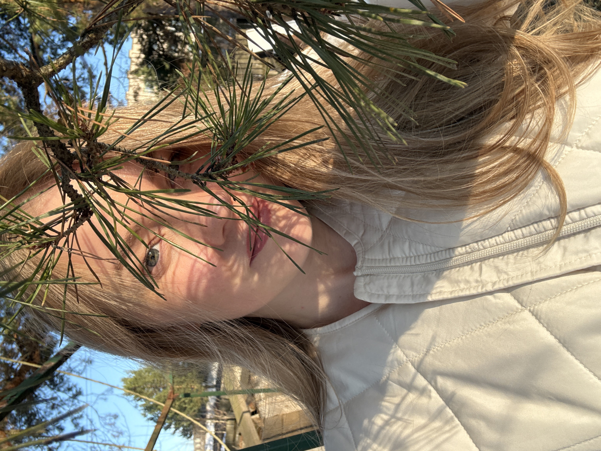 A person with blonde hair and green eyes is depicted in a close-up shot, partially obscured by pine needles. The person is wearing a white quilted jacket. The image appears to be taken outdoors, with sunlight filtering through the pine tree. The background suggests a natural environment, possibly a park or wooded area. The location is the city of Chaikovsky, Russia.