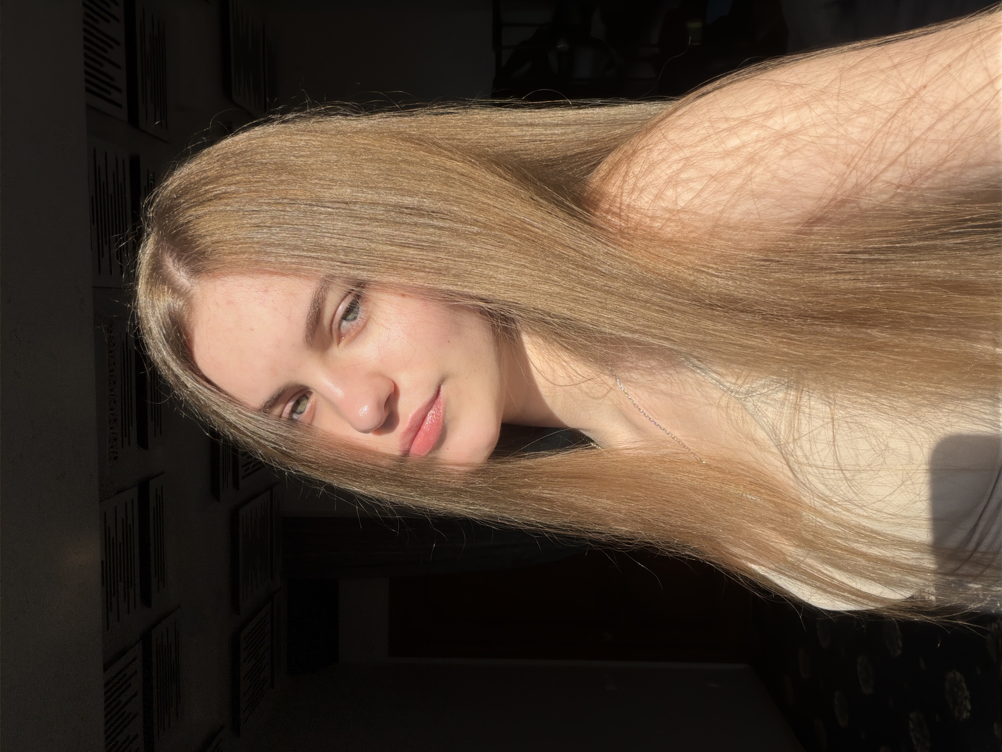 This is a close-up, rotated portrait of a young woman with long, blonde hair. She is looking towards the camera with a soft, neutral expression. Her light-colored eyes are visible, as are her nose and lips, which are colored with a subtle pink lipstick. The lighting suggests it is daytime, with strong sunlight casting shadows and highlighting her skin and hair.
The background is divided into a dark, textured wall on the left, possibly with decorative panels or vents, and a darker, less defined area on the right. The woman's hair is a prominent feature, extending across much of the frame, and is illuminated by the sunlight. She is wearing a light-colored top and a delicate silver necklace. The overall mood is calm and introspective, possibly taken indoors with natural light filtering in. There is no visible text in the image. The context of Dnipro, Ukraine, provides a geographical reference but no specific visual cues within the image itself point to this location.