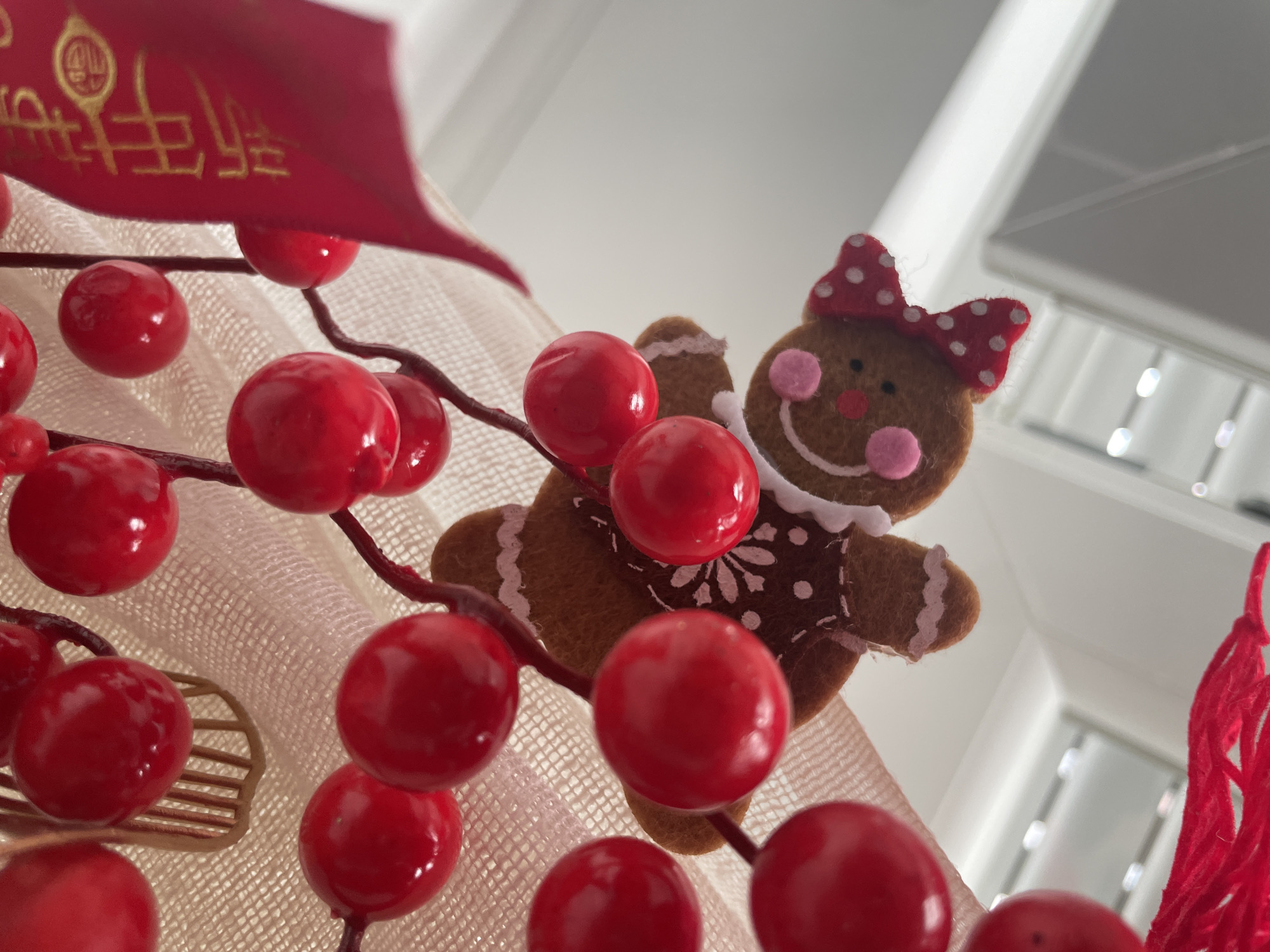A close-up shot reveals a gingerbread ornament attached to a branch of red berries. The gingerbread person, adorned with a polka-dotted bow and pink cheek details, has a simplistic stitched smile. The branch of berries has shiny, red, round fruits. The objects are positioned against a slightly out-of-focus background, which appears to be a light-colored fabric and a partially visible white wall and a doorway. The red berries and gingerbread are likely holiday decorations. The location, Novi Sad, Serbia, cannot be directly inferred from the visual details alone.