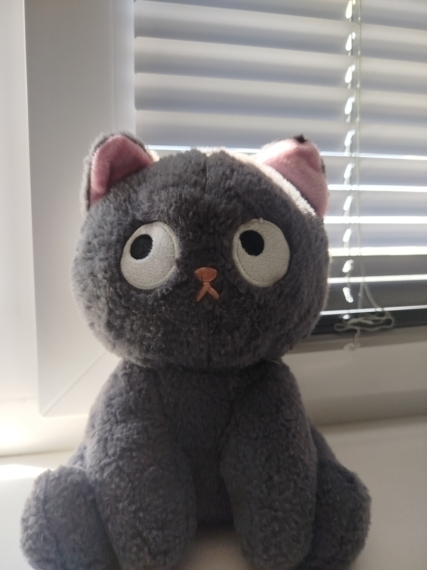 A stuffed cat toy with large white eyes and pink inner ears is seated on a surface in front of closed blinds. The toy is dark gray and fluffy, with a small orange embroidered nose and mouth. The background consists of white blinds with horizontal slats, illuminated by sunlight. To the left of the toy is a white windowsill or ledge. The scene appears to be indoors, near a window. There is no discernible information about the city of Zhigulyovsk, Russia in this image.