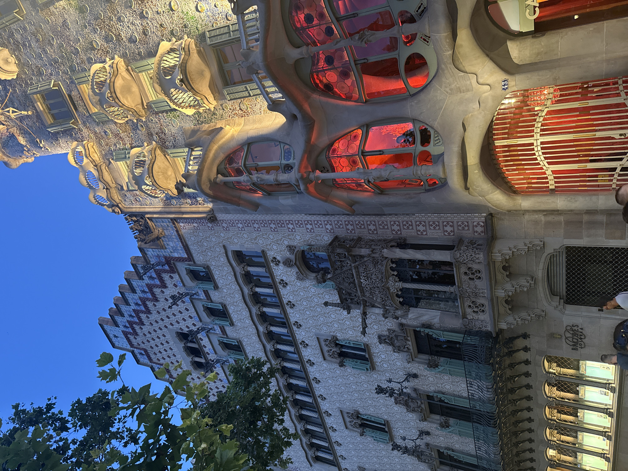 The image shows the Casa Batlló, a building designed by Antoni Gaudí, located on Passeig de Gràcia in Barcelona, Spain. The photograph captures the building's distinctive organic architecture illuminated by artificial lights against a twilight sky.
The left side of the building displays a facade covered in a mosaic of colorful tiles and decorative elements. Above, a stepped roofline is adorned with blue and white patterned tiles and decorative ceramic elements. Below the roof, a series of windows with teal shutters are visible, interspersed with intricate balconies.
The right side of the building features the iconic "dragon's back" roof and a facade characterized by flowing, bone-like structures and rounded balconies. The large, oval-shaped windows on this section glow with a vibrant red light, suggesting an interior illumination. These windows are supported by curved, almost skeletal columns.
At the base of the right side, a metal gate with vertical bars, also illuminated in red, guards an entrance. A building number "43" is visible on the facade above the gate. To the far right, a portion of another building's entrance is visible, with text that partially reads "CA".
In the foreground, on the lower left, a section of a shopfront with a series of arched windows is visible, displaying merchandise within. The name "BAGUES JOYARIA" is visible on the shopfront signage. Several people are present at the street level, partially visible at the bottom of the frame, suggesting it is an accessible public area.
A large tree with green leaves extends into the frame from the upper left corner, partially obscuring the sky and the upper left section of the building. The overall impression is of a well-lit architectural masterpiece at dusk.
