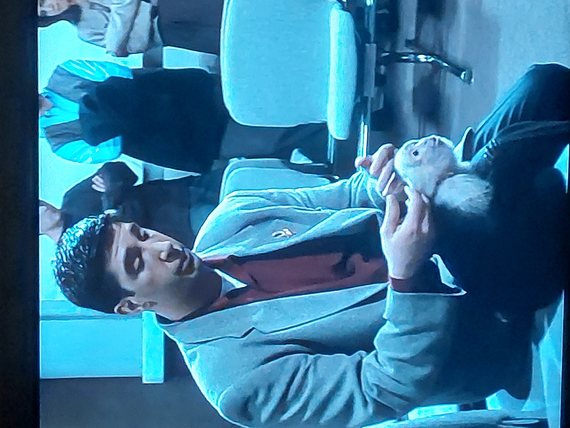 The image depicts a man seated, holding a white animal in his lap. The man has dark hair and is wearing a light grey suit over a reddish-brown shirt. He is focused on the animal. The animal appears to be a small, light-colored pet. The man is sitting in a chair with a metal frame. Other people are present in the background, seated as well. It is not possible to determine the location as Tsarevo, Bulgaria based on the image alone.