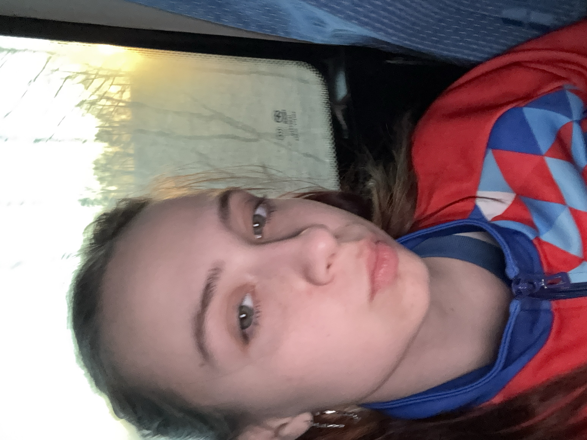 A young woman is taking a selfie, seemingly inside a vehicle. The light from the window suggests it may be dusk or dawn. The woman has fair skin, light-colored eyes, and is wearing a red and blue jacket. Outside the window, silhouetted tree branches are visible. The location of Gamitsy, Russia is not discernible from the image.
