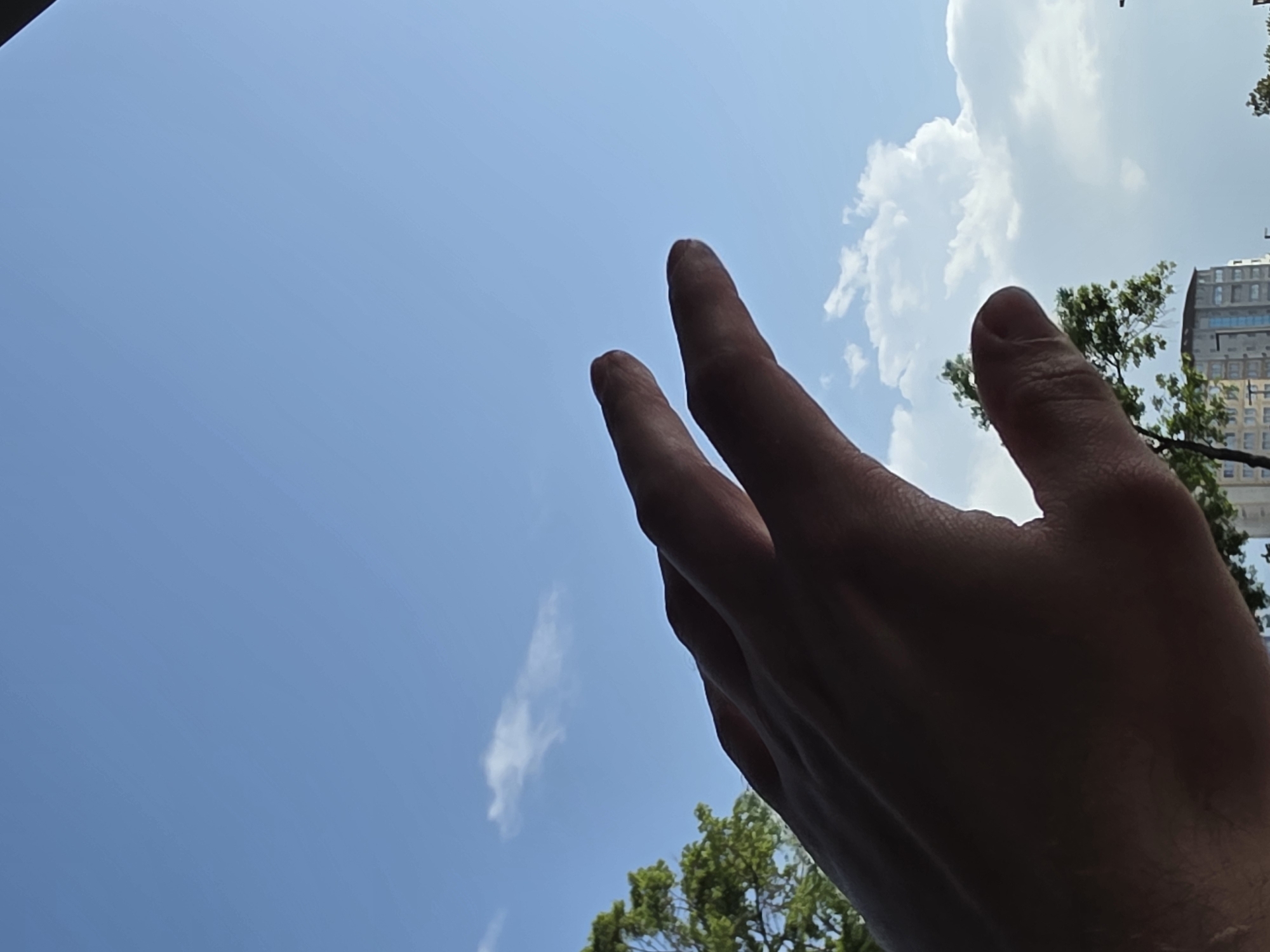 A low-angle shot captures a hand outstretched towards a blue sky dotted with scattered clouds. The hand, partly obscured by shadow, points upwards, with only a few fingers visible. The background reveals a combination of natural and urban elements. Patches of green foliage, likely from trees, frame the bottom of the scene. A tall building is visible on the right side, suggesting an urban setting, though specific architectural details are unclear. The overall scene is set against a clear, bright sky, indicative of daylight conditions. There is no indication this image was taken in Plovdiv, Bulgaria.