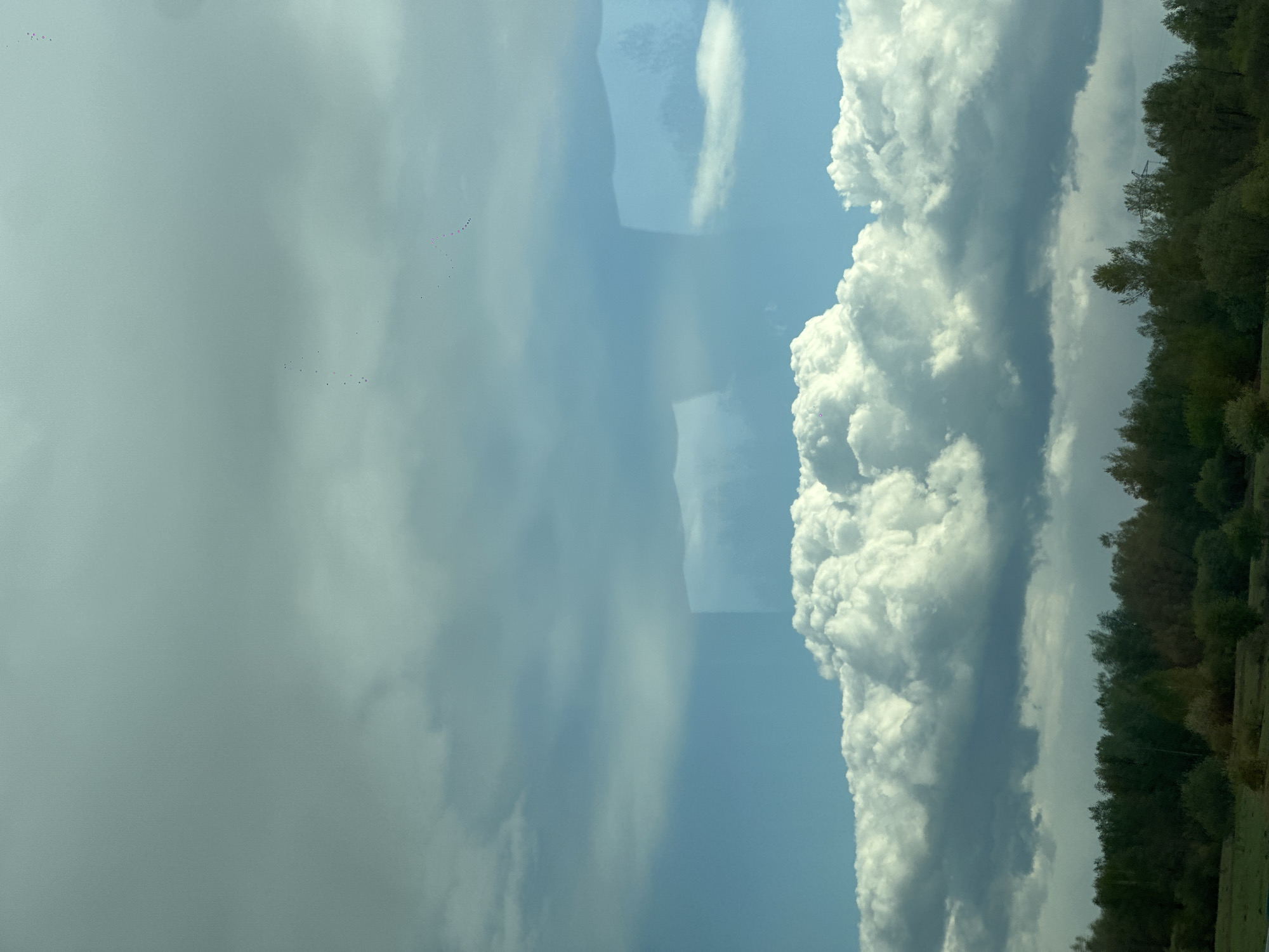 The image shows a cloudy sky with a view of the landscape. A thick band of cumulus clouds dominates the right side of the frame, contrasting with a less dense, overcast area on the left. A strip of trees is visible along the right edge of the image. The scene is captured from a moving vehicle, as evidenced by the reflection on the window and the blurring of elements. The location is suggested to be near Naumovo, Russia, based on the geographical information. No people are visible. The image captures a moment of observing nature during travel.