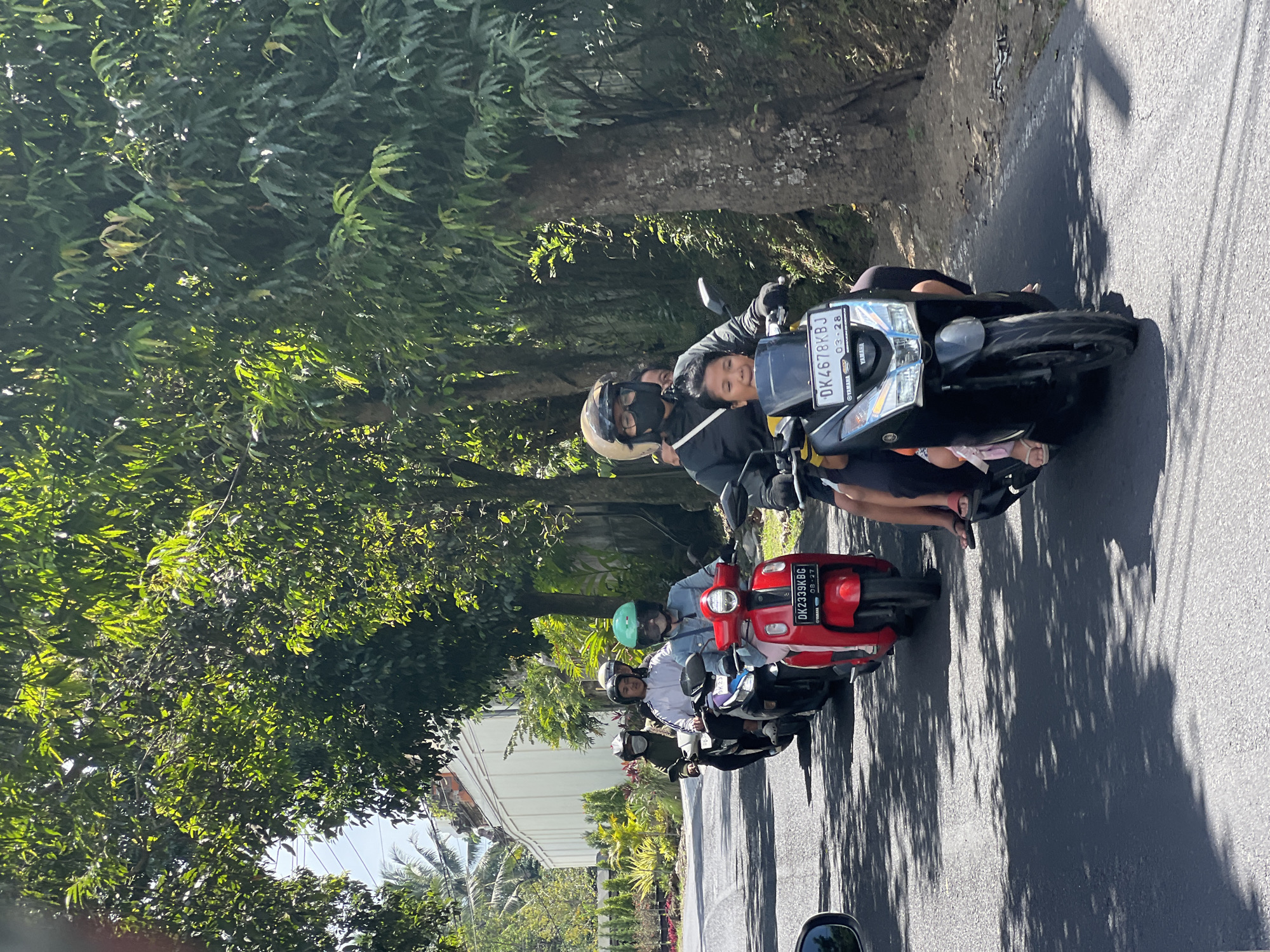 In Ubud District, Indonesia, several individuals are riding on motorcycles on a paved road lined with trees and foliage. The scene appears to be a sunny day, with shadows from the trees cast on the road. In the foreground, a person is riding a red scooter, followed by a black scooter with two people on it. Further back, two more motorcycles are visible. The people on the motorcycles are wearing helmets, and some are also wearing masks. The environment suggests a tropical or subtropical region, with lush greenery and warm weather. The overall impression is of a typical daily scene in a rural or semi-rural area of Indonesia, possibly during a commute or journey.
