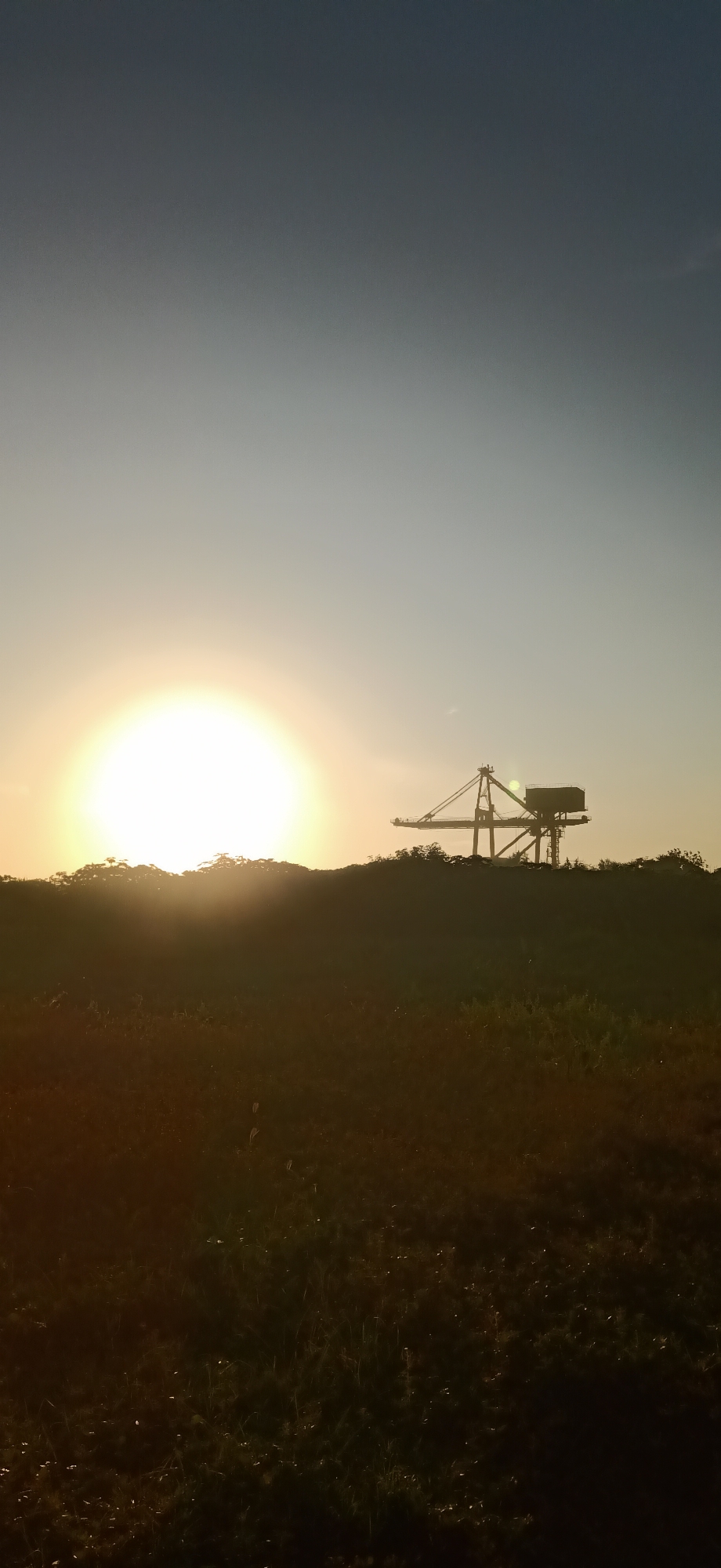 The image depicts a landscape scene at sunset, likely in Geulumpangsulu Timu, Indonesia, given the prompt. The sun, a bright, luminous orb, is positioned low on the horizon, casting a warm, golden glow across the sky. The sky transitions from a deep, dark blue at the top to a lighter, warmer hue near the horizon, creating a gradient of twilight colors.

In the mid-ground, a silhouette of a large industrial crane is visible against the sunset. The crane is positioned atop a tree line, its intricate structure starkly outlined by the setting sun. The trees themselves form a dark, bushy silhouette, suggesting a natural landscape bordering an industrial area.

The foreground is dominated by a field covered in grass and vegetation, which is rendered in dark, shadowy tones due to the low light conditions. The texture of the grass is visible, with some blades appearing lighter and more defined than others, possibly catching the last rays of sunlight or reflecting ambient light. Scattered throughout the grass are small, lighter elements, which could be wildflowers or dew drops catching the light.

The overall impression is one of a tranquil sunset over a mixed natural and industrial environment. The lighting creates a dramatic silhouette effect, emphasizing the shapes of the crane and the vegetation.