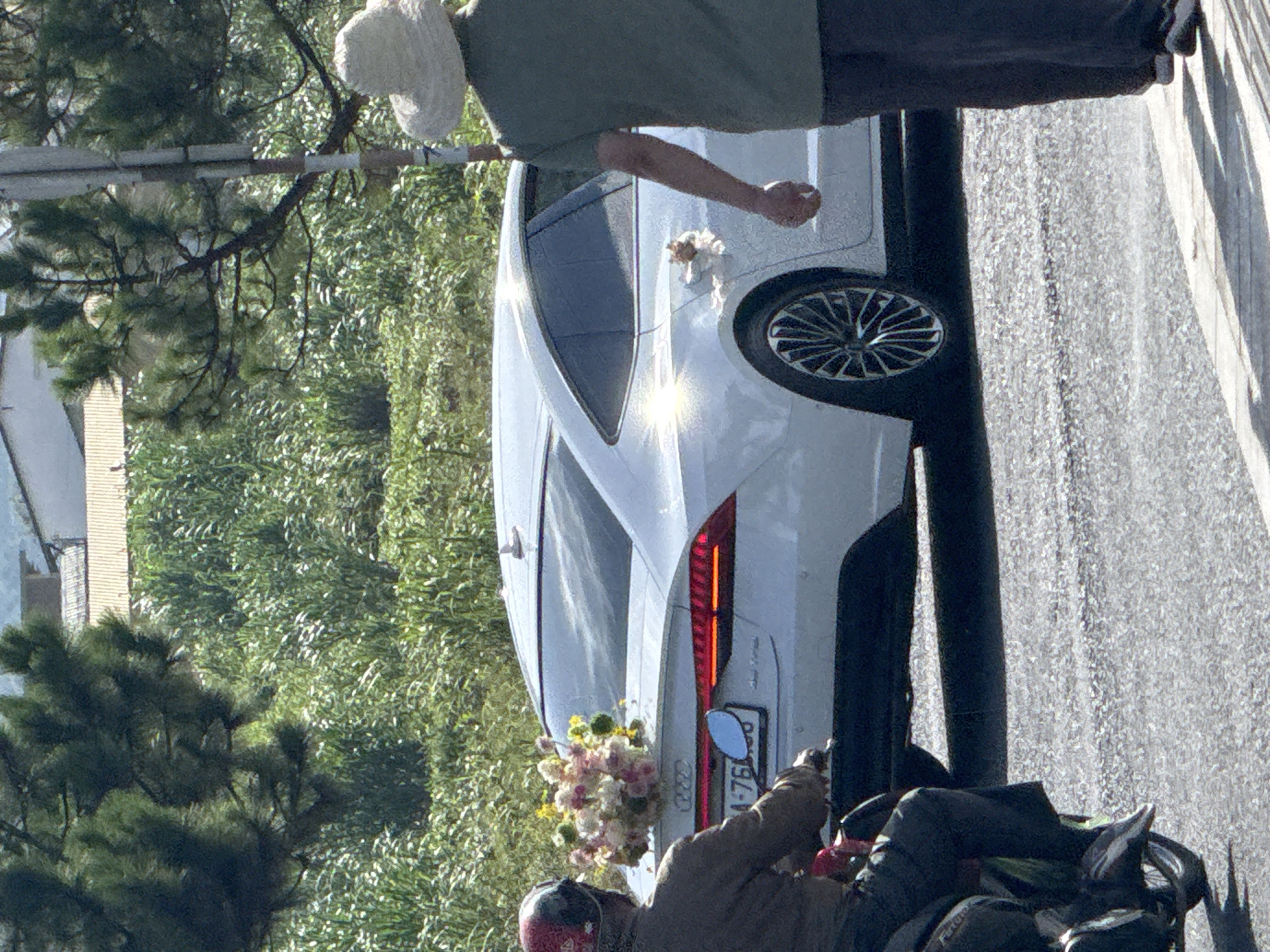 This image captures a daytime street scene in Da Lat, Vietnam, featuring a white automobile decorated with flowers, a person on a motorcycle, and a pedestrian.
The central subject is a white Audi A7 Sportback, positioned in the middle ground, facing away from the viewer. A large floral arrangement, predominantly light pink, white, yellow, and green, is secured to its trunk lid below the rear window. Additional white and light brown floral accents are attached to the passenger-side rear door handle. The car is equipped with dark, multi-spoke alloy wheels with polished details. The lower portion of its Vietnamese license plate is visible, displaying "4-76" as part of the registration number; the upper portion is obscured by a motorcycle mirror.
To the left of the Audi, a person is seated on a red motorcycle, seen from the rear-left quarter. The rider wears a dark jacket, dark trousers, and a red and white full-face helmet. A light-colored shoe is visible on their right foot.
To the right of the Audi, a person walks away from the viewer on a paved surface next to the road. This individual wears a green short-sleeved shirt, dark trousers, white athletic shoes, and a wide-brimmed, light-colored straw hat.
The ground consists of a dark asphalt road surface and a lighter-colored paved edge or sidewalk on the right. A utility pole with distinct dark horizontal bands stands vertically on the right side of the image.
The background is dominated by dense, vibrant green foliage, including numerous pine trees with dark green needles and lighter-colored ground cover or crops. In the far background, behind the vegetation, several light-colored buildings with visible rooflines are partially discernible. The scene is brightly illuminated by direct sunlight, casting sharp shadows.