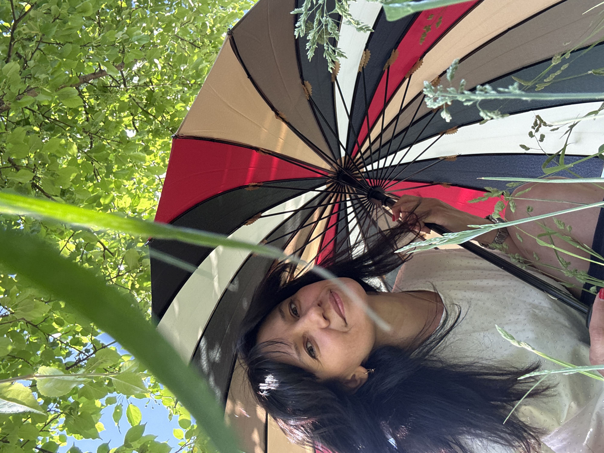 A low-angle, medium shot shows a woman holding a multi-colored umbrella while looking up toward the camera. The segments of the umbrella are colored in a radial pattern of beige, brown, black, red, and white. The woman has long, dark hair, and is wearing a light-colored shirt with small floral patterns. Some blades of grass are visible in the foreground, and green leaves and branches fill the background. The sky is visible through the gaps in the foliage. The specific location in the city of Chaikovsky, Russia, cannot be determined based on the image.