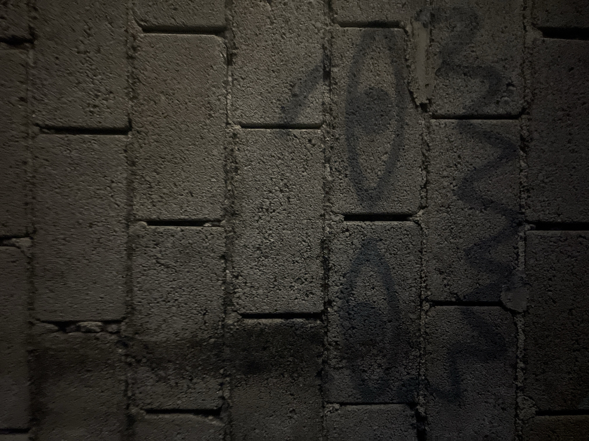 The image depicts a close-up of a cinder block wall, possibly located in the city of Budva, Montenegro. The wall is constructed of gray cinder blocks arranged in a staggered pattern. There are traces of graffiti or dark stains on some of the blocks. The lighting is dim, casting shadows across the wall. No people, actions, or interactions are visible.