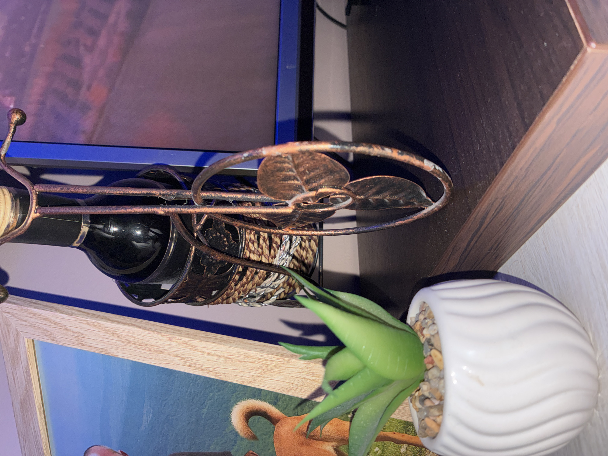 In an indoor setting, possibly a home or office, a small potted succulent plant sits on a white ribbed ceramic pot. The succulent is green with pointed leaves and rests on a bed of small colorful pebbles. To the right of the succulent is a dark brown wooden shelf. On the shelf, a decorative metal wine bottle holder shaped like a bicycle is visible. It is made of dark metal with leaf-shaped embellishments and holds a dark bottle, likely wine. Behind the wine bottle holder, a portion of a picture frame with a light-colored wooden border is seen. The picture inside the frame appears to be a landscape with a blue sky and green hills. Further to the right, a blue object, possibly a monitor or screen, is partially visible, displaying a blurred image with purple and pink hues. The background consists of a light purple wall. The overall scene suggests a decorative arrangement of objects on a shelf.