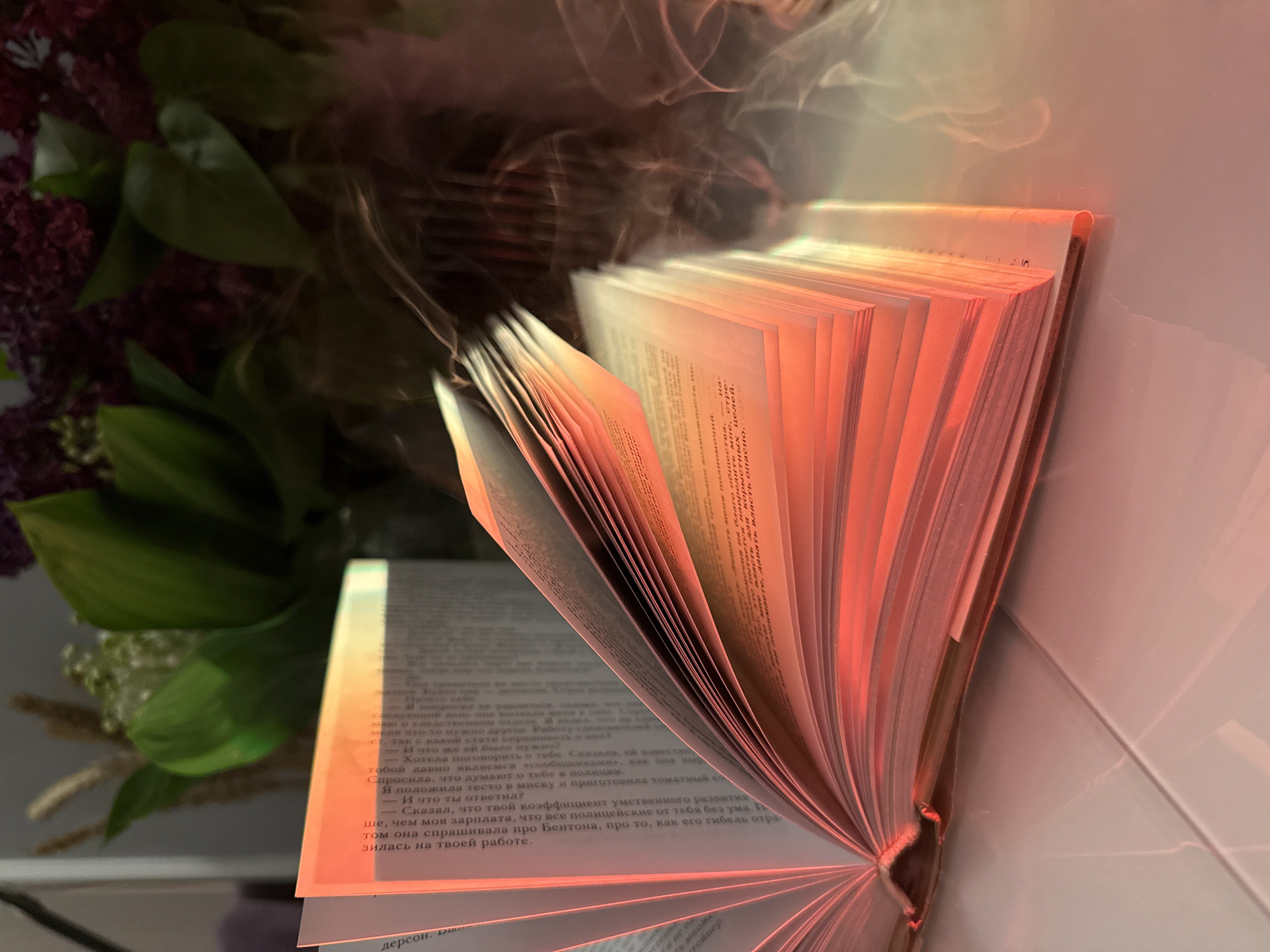 An open book, illuminated by a warm, ethereal orange and pink light, is the central subject of the image. The book lies on a light-colored, possibly reflective surface, with its pages fanned open, revealing printed text. The strong, directional light bathes the edges of the pages in a vibrant glow, creating a sense of depth and atmosphere. In the blurred background to the left, a bouquet of flowers with deep purple blossoms and green leaves is visible, adding a touch of nature to the scene. Above the book and in the upper left, soft, wispy patterns, possibly light interacting with dust or a decorative element, contribute to the dreamy ambiance.
The lighting suggests either the golden hour of sunrise or sunset, or intentional warm artificial illumination, creating a peaceful and reflective mood. The scene appears to be an indoor setting, likely on a table or desk.
Visible text on the open pages is in Russian and includes snippets of dialogue or narrative. Phrases such as "меня нео-то зужно другое" (I need something else), "Хотела поговорить о тебе" (I wanted to talk to you), "что твой коэффициент умственного развития" (that your coefficient of mental development), "все полицейские от тебя без ума" (all the police are crazy about you), and references to "Бентона, про то, как его гибель отразилась на твоей работе" (Benton, about how his demise affected your work) are discernible, indicating a story with intriguing plot elements and character interactions.