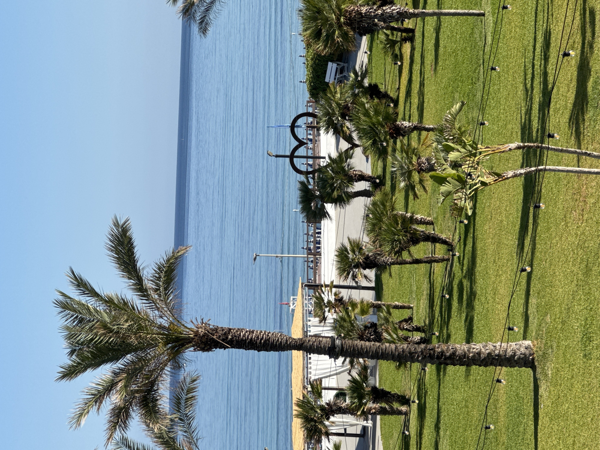 The image depicts a serene coastal scene in Isola delle Femmine, Italy, characterized by lush green grass, numerous palm trees, and the tranquil blue sea. In the foreground, a well-maintained lawn is dotted with string lights, creating a festive ambiance. Several palm trees of varying sizes are scattered across the grassy area, with a prominent, tall palm tree on the left side of the frame.
Beyond the lawn, there is a paved walkway leading towards the beach. Along this walkway, a white structure with a thatched roof and white drapes is visible, possibly a beach pavilion or restaurant. Further back, a distinctive heart-shaped metal sculpture stands near the sea. The sea itself is calm and stretches to the horizon under a clear blue sky. In the distance, the outline of the Isola delle Femmine, a small island, can be discerned. The overall impression is one of a peaceful resort or public space designed for relaxation and enjoyment of the seaside environment. There are no people visible in the image.