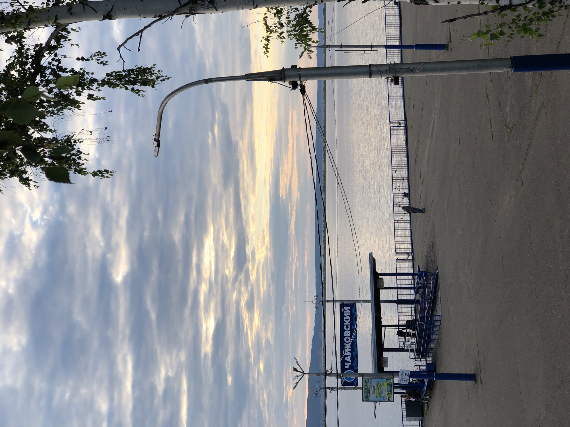 A wide shot captures a view of the embankment in Chaikovsky, Russia, overlooking a large body of water under a cloudy sky. In the foreground, a concrete walkway is visible, with a modern streetlamp on the right side. A leafless birch tree stands tall on the far right. Further back, a blue and white shelter with a ramp provides seating and protection from the elements. A sign with blue lettering reads "ЧАЙКОВСКИЙ" (Chaikovsky), indicating the location. Several people are present on the embankment; one individual is seated on a bench near the shelter, while another is walking on the paved area. The water is calm, reflecting the soft light of the sky, and a distant shoreline with hills is visible across the water. Power lines traverse the scene horizontally.