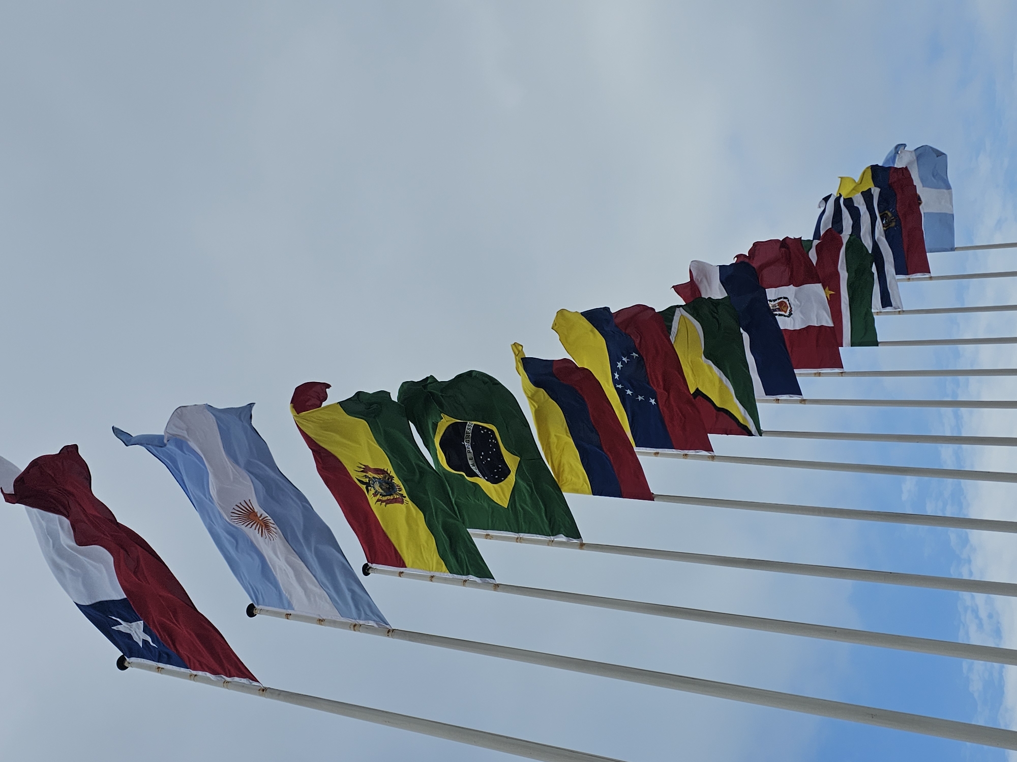 The image displays a collection of flags of various South American countries, arranged in a row and fluttering against a cloudy sky. The flags are mounted on tall, white poles. The flags visible, from top to bottom and left to right, are the flag of Chile, Argentina, Bolivia, Brazil, Colombia, Venezuela, Peru, Paraguay, Uruguay, and Ecuador. This arrangement strongly suggests the flags are located at the Paseo de las Banderas (Flag Walk) in Iquique, Chile, a popular tourist attraction that showcases the flags of countries in the Americas. The scene is devoid of people or any other distinguishing elements beyond the flags and the sky.
