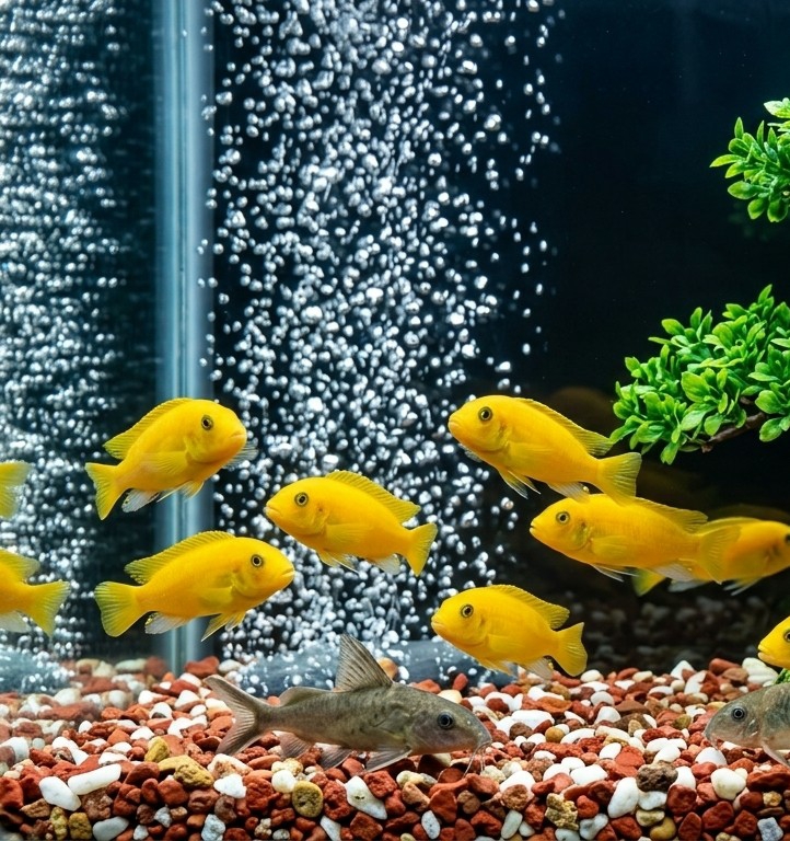 The image shows a freshwater aquarium, likely located in City of Medan, Indonesia. The aquarium is decorated with red, white, and brown gravel. Several yellow fish are swimming in the tank, along with two Corydoras catfish on the gravel bed. An artificial plant is located in the upper right corner. A bubbling air stone or bubbler is visible, creating a stream of bubbles in the water. The back of the aquarium is partially blacked out.
