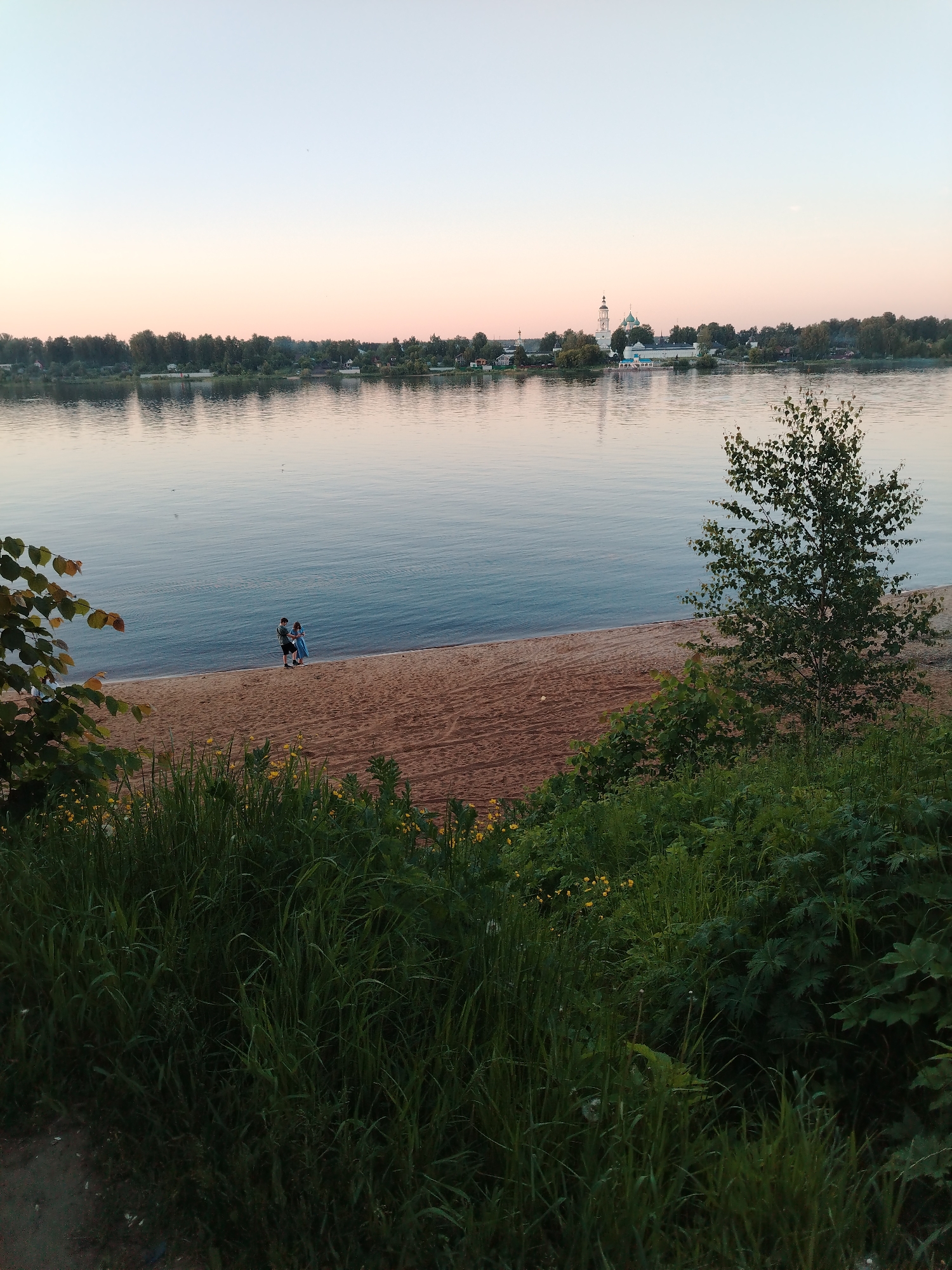 This image depicts a tranquil river scene in Rusanovo, Russia, during either sunrise or sunset, captured from an elevated position overlooking a sandy riverbank.
In the immediate foreground, dense, dark green foliage, including various grasses, broad-leafed plants (some resembling butterbur), and scattered yellow wildflowers, fills the bottom portion of the frame. To the left, part of a darker-leafed bush or tree with some reddish-brown leaves is visible. To the right, a young deciduous tree with light bark and vibrant green leaves stands on the bank, partially obscuring the view.
The midground features a wide, light-brown sandy beach that extends along the river's edge. Two individuals are walking side-by-side on the wet sand near the water. The person on the left wears a dark top and dark shorts, while the person on the right is dressed in a light blue dress. They appear to be walking in the same direction, away from the viewer.
The river occupies the middle section of the image, appearing calm with gentle ripples and reflections of the sky and the distant bank. Across the river, the far bank is lined with a dense strip of dark green trees. Beyond the treeline, a small settlement is visible, dominated by a prominent white church complex. The church features a tall bell tower with a pointed spire and at least two distinct green domes on adjacent structures, characteristic of Russian Orthodox architecture. Other smaller buildings are interspersed among the trees.
The sky above the far bank displays a smooth gradient, transitioning from a pale, light blue at the top to a soft, warm pinkish-orange near the horizon line, indicative of dawn or dusk. A few indistinct, tiny specks are visible in the sky and on the water.