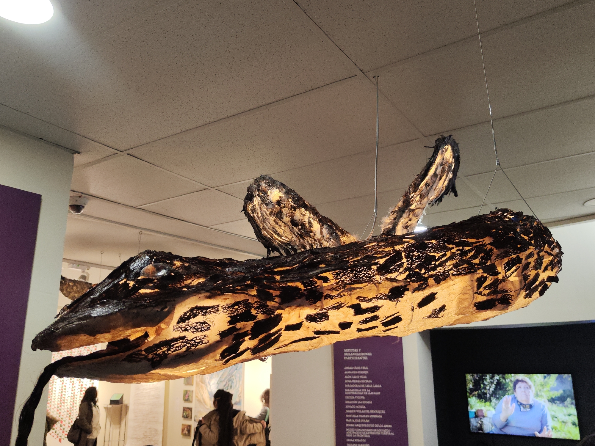 A large, internally illuminated art installation resembling a black-and-tan aquatic creature or fish is suspended horizontally from a white acoustic tile ceiling in an indoor gallery or museum space in Providencia, Chile. The creature, made of textured paper or fabric with dark, irregular patterns, features a prominent head with a visible eye and a long, dark, trailing element extending from its mouth. Two wing-like appendages protrude upwards from its back. Thin silver wires support the artwork from multiple points on the ceiling, where a white, circular security camera is also visible. To the left, a purple wall segment meets a white wall. In the mid-ground, a woman with dark hair, wearing a light-colored top and carrying a shoulder bag, stands facing away from the viewer, observing other exhibits. On the right, a purple informational sign with text partially legible as "ARTISTAS Y ORGANIZACIONES PARTICIPANTES" is mounted on a wall, beside a dark wall section. A flat-screen television on the dark wall displays a woman with short dark hair, wearing a blue top, gesticulating as if speaking. The overall lighting is a mix of ambient room light and the warm glow emanating from within the artwork.