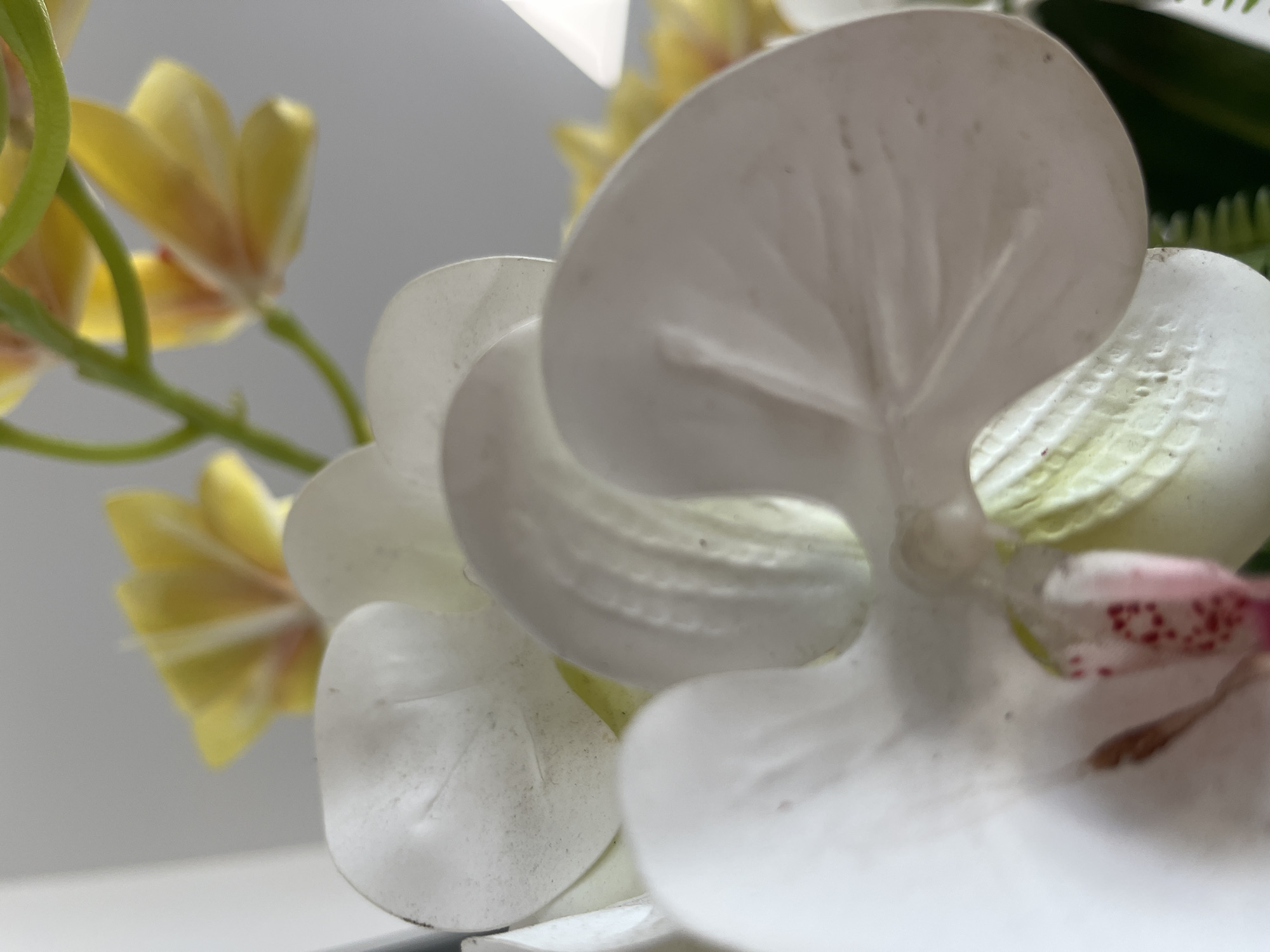 The image shows a close-up of artificial flowers. The foreground features a white orchid with some red-spotted details. In the background, there are yellow flowers on a green stem. The backdrop is a plain white surface. The location of Bac Nha Trang Ward, Vietnam is irrelevant as there is no contextual information to link it to the scene.
