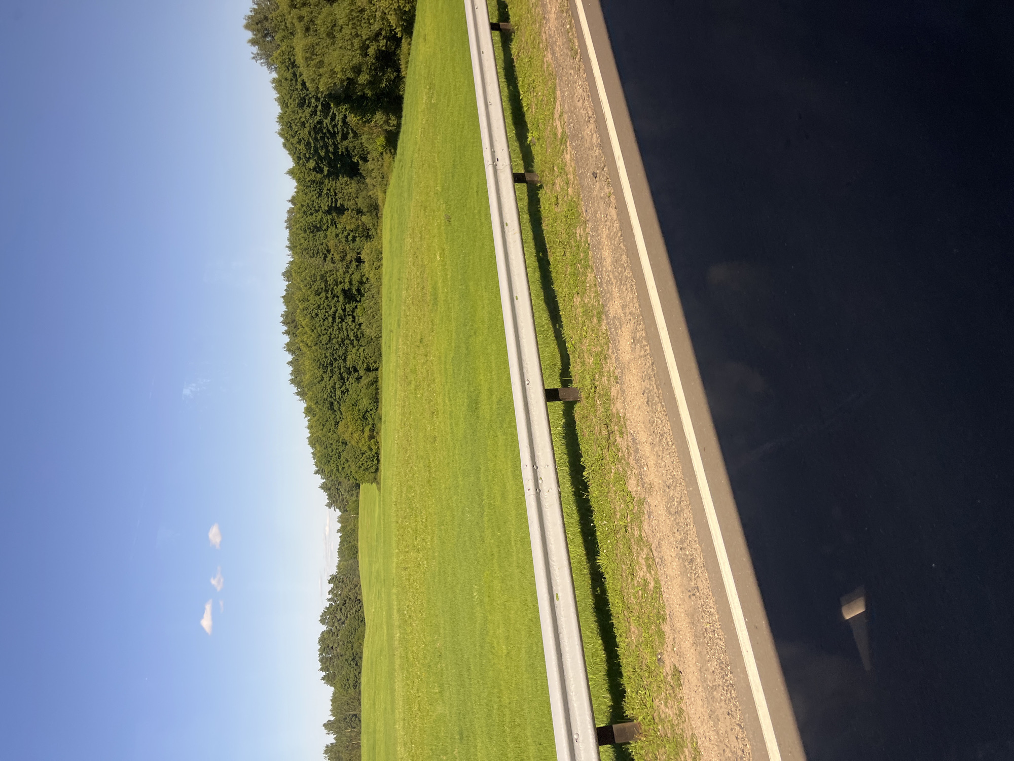 An outdoor scene depicts a bright, sunny day in Мядзельскі сельскі Савет, Belarus, with a clear blue sky above. The foreground is dominated by a dark asphalt road, with a white line marking its edge. To the left of the road, a strip of green grass and dirt is visible, bordered by a silver metal guardrail supported by dark posts. Beyond the guardrail, a vast, undulating field of vibrant green grass stretches into the distance. A dense forest of various green trees forms a backdrop to the field, with the trees extending across the horizon. A few small, white clouds are scattered in the sky. The overall impression is one of a rural, natural landscape on a pleasant day.