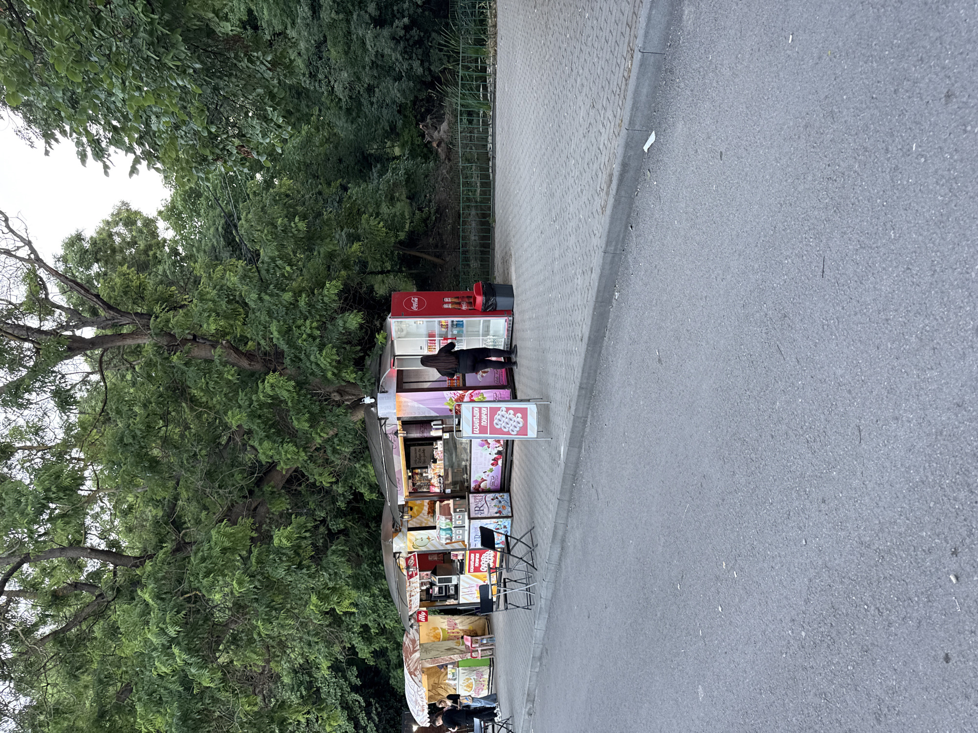 In an outdoor setting, a row of food kiosks is visible. The kiosks are brightly colored and adorned with various advertisements for food and drinks, including "Coca-Cola." One kiosk features a red Coca-Cola refrigerator. A person in dark clothing is standing in front of the refrigerator, appearing to select an item. Several tables and chairs are placed in front of the kiosks, suggesting an outdoor seating area. The kiosks are situated on a paved walkway adjacent to a road. Behind the kiosks and walkway, a dense area of trees forms a natural backdrop. The lighting suggests it is daytime, possibly late afternoon or early evening.
