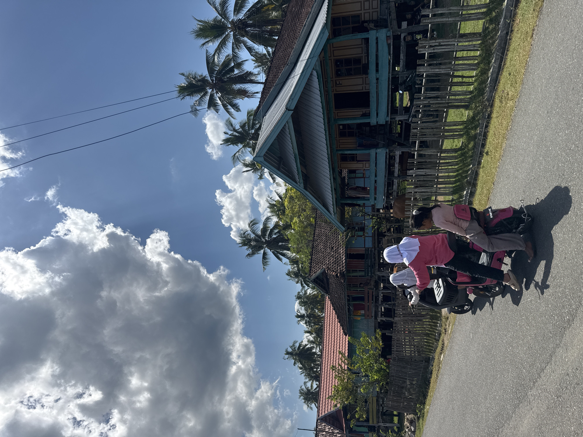 This is a medium shot, eye-level, vertical photograph taken outdoors on a sunny day in Kertasari, Indonesia. The scene captures a street with several traditional stilted houses lining the right side of the road, featuring colorful painted wooden walls and roofs covered with terracotta tiles. In the foreground, two young individuals are riding on a pink electric scooter, heading away from the viewer. The person in the front is wearing a pink long-sleeved shirt and a white hijab, while the person in the back is wearing a light pink shirt and light-colored pants. The scooter has "EXOTIC" written on the rear. A wooden fence runs along the front of the houses, separating them from a grassy area. Palm trees are visible behind the houses, and a bright blue sky with dramatic, large white and gray clouds occupies the upper portion of the image. Overhead, three black power lines stretch diagonally across the sky. The road is asphalt and appears to be a local thoroughfare.