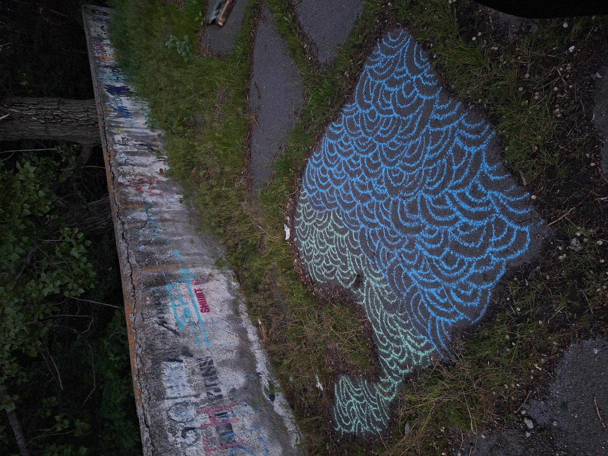This is a medium-shot, eye-level photograph taken outdoors in Gyumri, Armenia. The image shows a concrete retaining wall covered in graffiti, which is cracked and weathered. In front of the wall, there is a patch of ground that appears to be a mix of dirt, grass, and asphalt. On this patch of ground, there is a chalk drawing of a pattern consisting of swirling, wave-like shapes. The drawing is done in two colors: blue and green. The blue chalk covers a larger area, while the green chalk is in the upper left portion of the drawing, blending into the blue. The background is filled with dark foliage and the trunk of a large tree. The overall impression is one of urban decay with an artistic intervention.