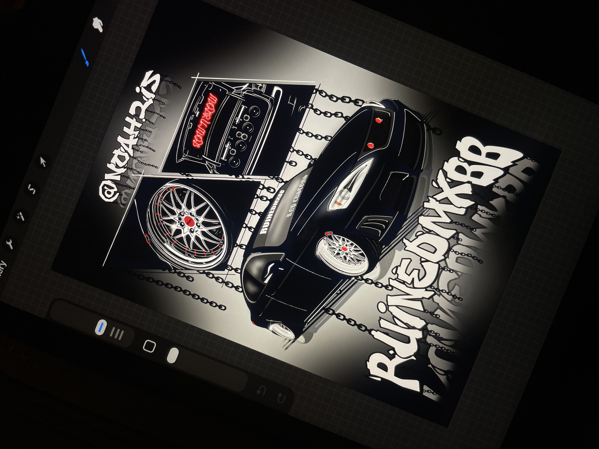 The image shows a digital artwork of a car scene, likely created on a tablet. The car is sleek and black, depicted in a stylized, illustrative manner. Next to the car is a diagram or exploded view of the engine and a wheel. Chains seem to be a recurring design element, visually connecting various parts of the image, as well as the text. The text consists of the following: "@NOAHZIS", "LOWN SLOW", "RUINEDMXBB", and "KNP CUSTOMS". The overall style is modern and urban, potentially appealing to car enthusiasts.