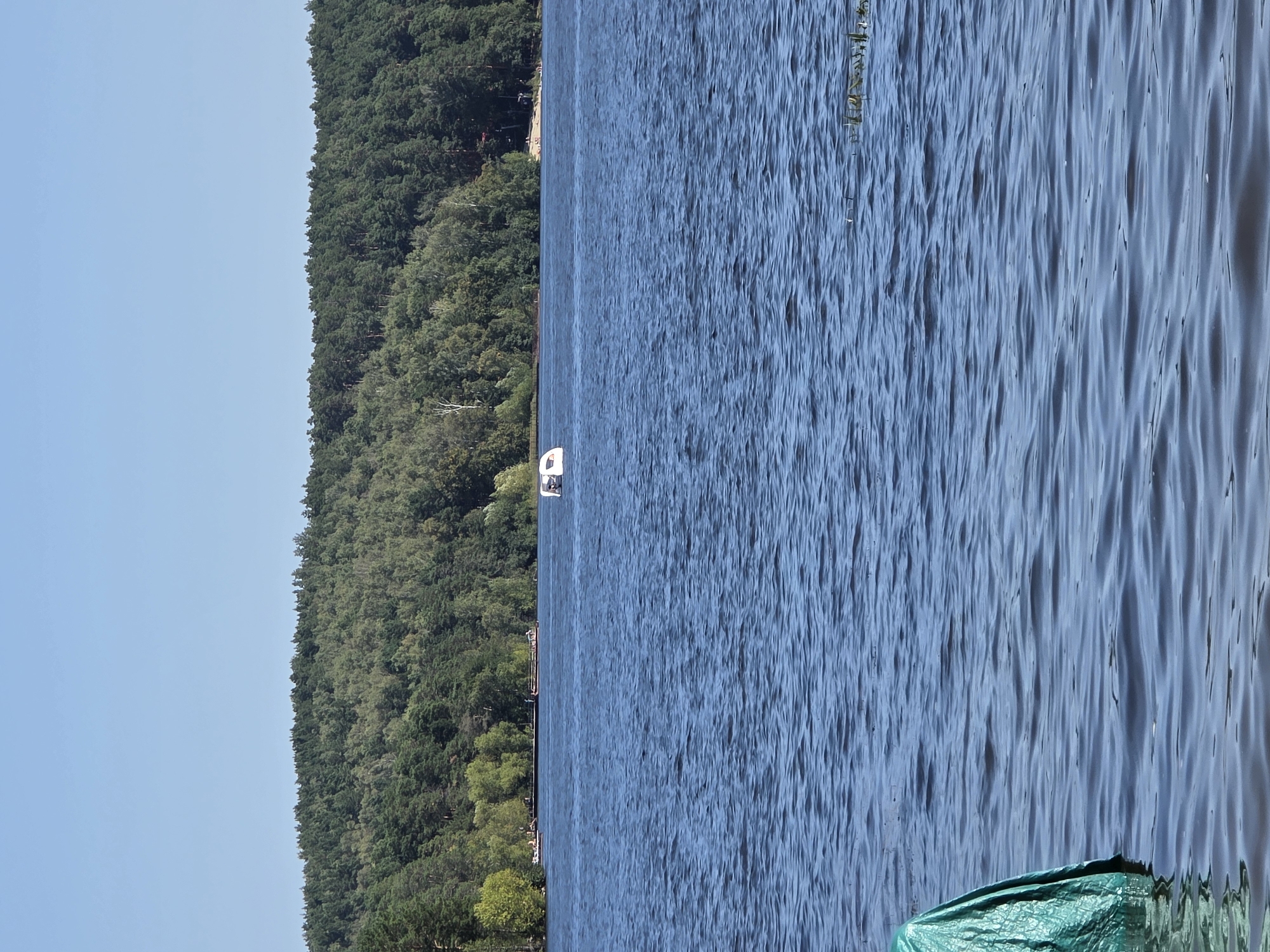 The image depicts a serene lake scene with a dense forest bordering the far shore. The water is a deep blue, with small waves creating ripples on the surface. In the middle of the lake, a small white boat with a canopy is visible. In the foreground, a portion of a green tarp is submerged in the water on the left side of the frame. The sky is clear and a pale blue. The overall impression is one of a tranquil natural setting, likely in a park or recreational area. While the image is claimed to be of Chebarkul, Russia, there are no specific landmarks or identifying features in the image to confirm this location.