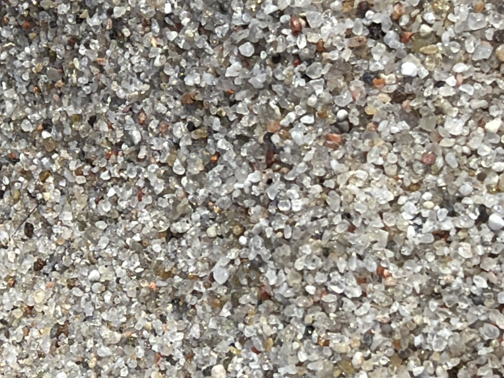 The image is a close-up, overhead view of fine-grained sand. The sand is composed of many small, angular particles, primarily white and translucent, with some darker brown and reddish grains interspersed. The surface appears dry and uneven, with shadows cast by the individual grains. There are no people, objects, or actions visible in the image. The location is not discernible from the image itself.