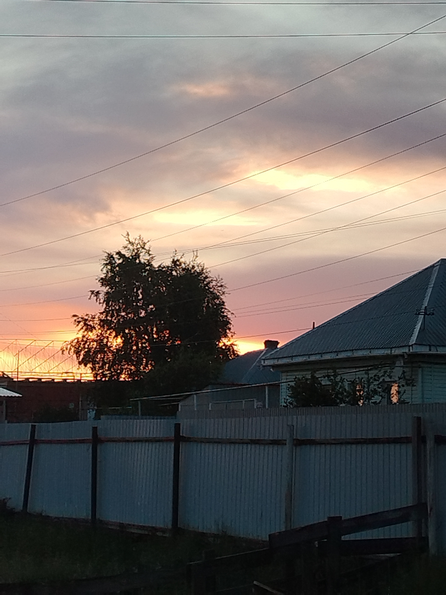 The image captures an outdoor scene in Borisovka, Russia, at either sunrise or sunset. The sky occupies approximately two-thirds of the frame, presenting a gradient of colors. The upper portion exhibits shades of grey and light purple-tinted clouds, transitioning downwards into vibrant orange and pink hues near the horizon, consistent with low-angle solar illumination. Several thin, dark-colored power lines traverse the sky horizontally, with some appearing at slight diagonal angles due to perspective.
In the midground, a dense, dark-foliaged deciduous tree is silhouetted prominently against the bright orange sky in the left-center of the image. To the left and slightly behind the tree, the intricate, dark silhouette of a large metal lattice structure, possibly a bridge or industrial framework, is faintly discernible. To the right of the tree, the dark, steeply pitched, multi-gabled roof of a building, constructed from corrugated metal, is visible. The lower section of this building reveals light-colored, possibly pale green or blue, walls. A single window on a structure partially obscured by the foreground fence emits or reflects a warm, bright light.
The foreground features a light grey corrugated metal fence, extending horizontally across the lower third of the image. This fence is composed of vertical panels and is supported by dark, square-profile vertical posts and horizontal wooden rails. The ground immediately in front of the fence is dark and appears to be covered with low-lying vegetation. In the bottom right corner, a section of a dark, rustic wooden structure, possibly part of a gate or barrier, is partially visible. No individuals or overt actions are depicted within the frame.