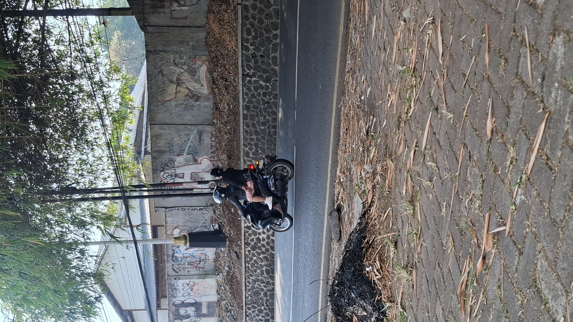 Two individuals are riding a dark-colored motorcycle on an asphalt road in Cilaku, Indonesia. The person in front is wearing a black helmet and a black jacket. The person behind is wearing a black top and pink shorts, with their right arm raised. The motorcycle is a scooter-type with a single headlight. To the left of the road, a pile of black debris, possibly burnt vegetation, is visible on a brick-paved area. Behind the motorcycle, a low stone wall with dark grey stones runs along the roadside, topped by a concrete barrier covered in graffiti. Beyond the wall, bamboo trees with green leaves hang over a building with a white exterior and a grey roof. The sky is bright and appears to be daytime.