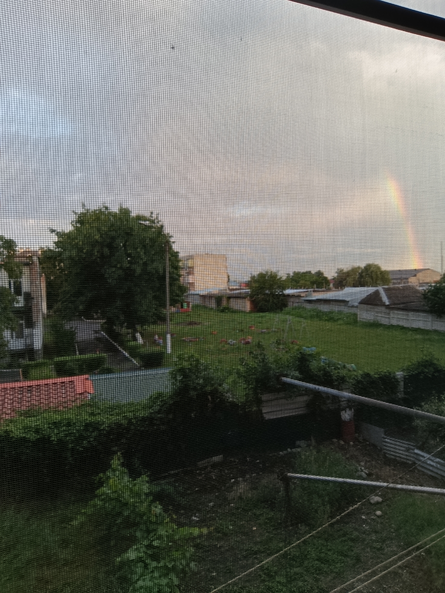 The image, viewed through a screen, captures an outdoor scene with a faint rainbow visible in the sky. In the foreground, dense green foliage partially obscures the view. Beyond the foliage, a large, leafy tree stands prominently. To the left of the tree, a multi-story building with white and grey facades is visible, with windows showing. Further in the background, a vast expanse of green lawn is dotted with red and white markers, suggesting a recreational or park area. Several low-lying structures and roofs are scattered across the middle ground, and trees line the horizon. The sky is overcast with a pale grey tone, punctuated by the subtle arc of a rainbow on the right side of the frame. The scene appears to be an urban or suburban environment.