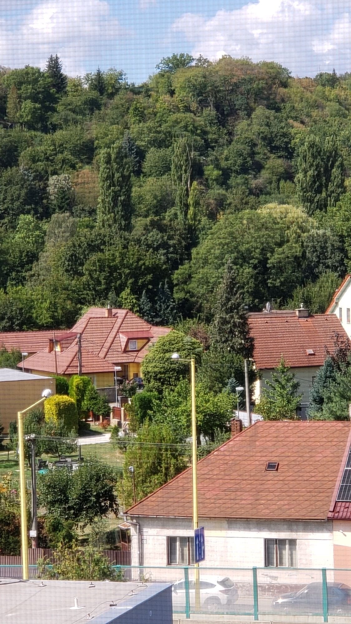 The image captures a residential area with multiple houses nestled against a lush, tree-covered hillside under a partly cloudy sky. The houses feature red-tiled roofs, and some have dormer windows. The foreground shows parts of the roofs of two more houses, one of which has solar panels. Several yellow lampposts are visible throughout the scene, along with streetlights and electrical poles. Green foliage, including trees and bushes, dominates the landscape, creating a natural backdrop. In the distance, the hillside is densely covered with various types of trees, suggesting a semi-urban or suburban environment with significant green space. The scene is a daytime view, likely taken from an elevated vantage point, offering a panoramic perspective of the neighborhood.