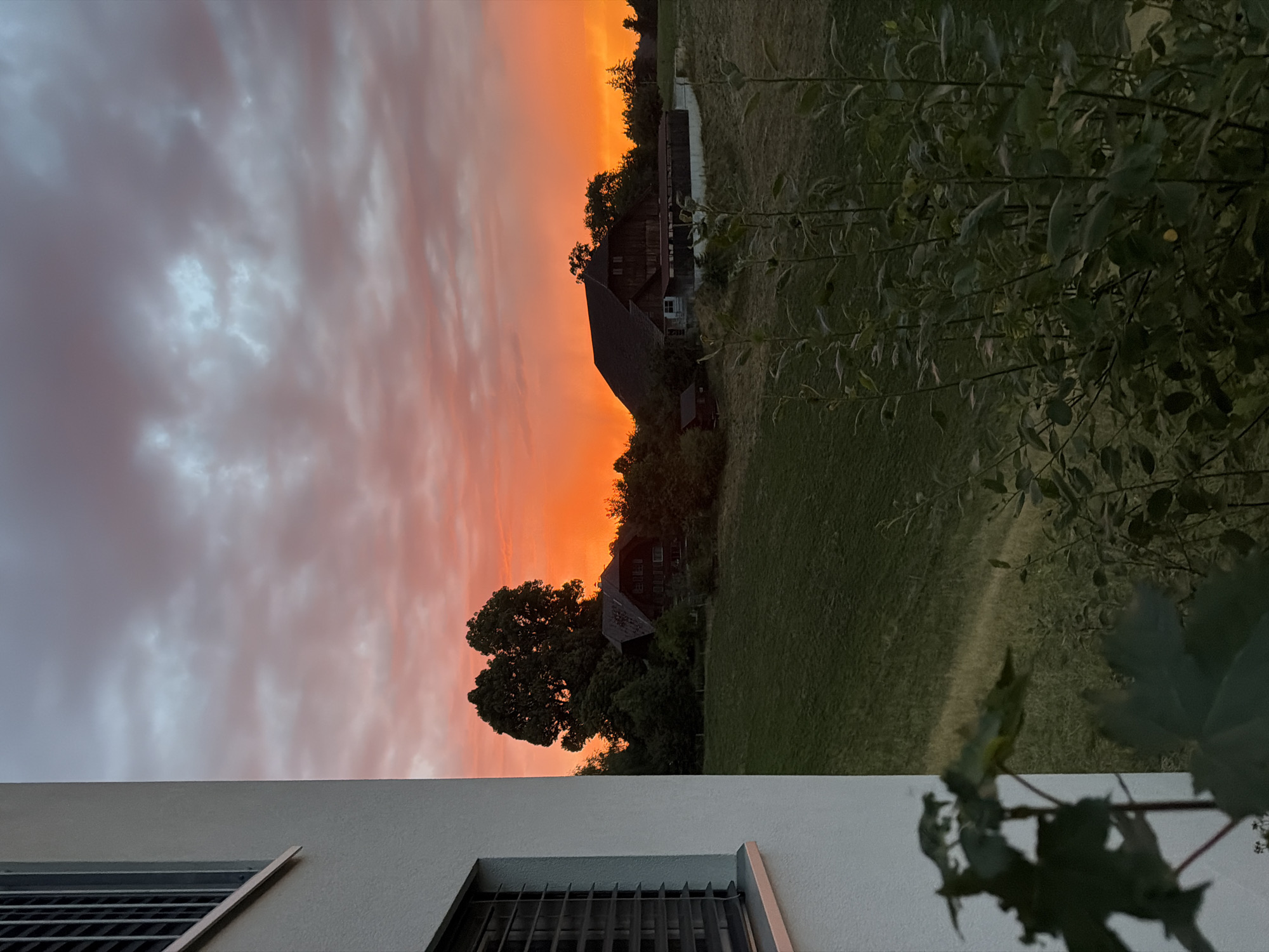This is a vertical, eye-level photograph of a sunset scene in Ufhusen, Switzerland. The foreground is dominated by the side of a light-colored building with a barred window. To the right, greenery obscures much of the lower part of the frame. The middle ground features a rolling green hill with a dark, wooden barn-like structure and a smaller, red shed situated on its slope. Behind the barn, a cluster of large trees stands prominently. The background is a vibrant sky filled with dramatic, orange and pink clouds, indicative of a sunset. The overall impression is one of rural tranquility bathed in the warm glow of the setting sun.