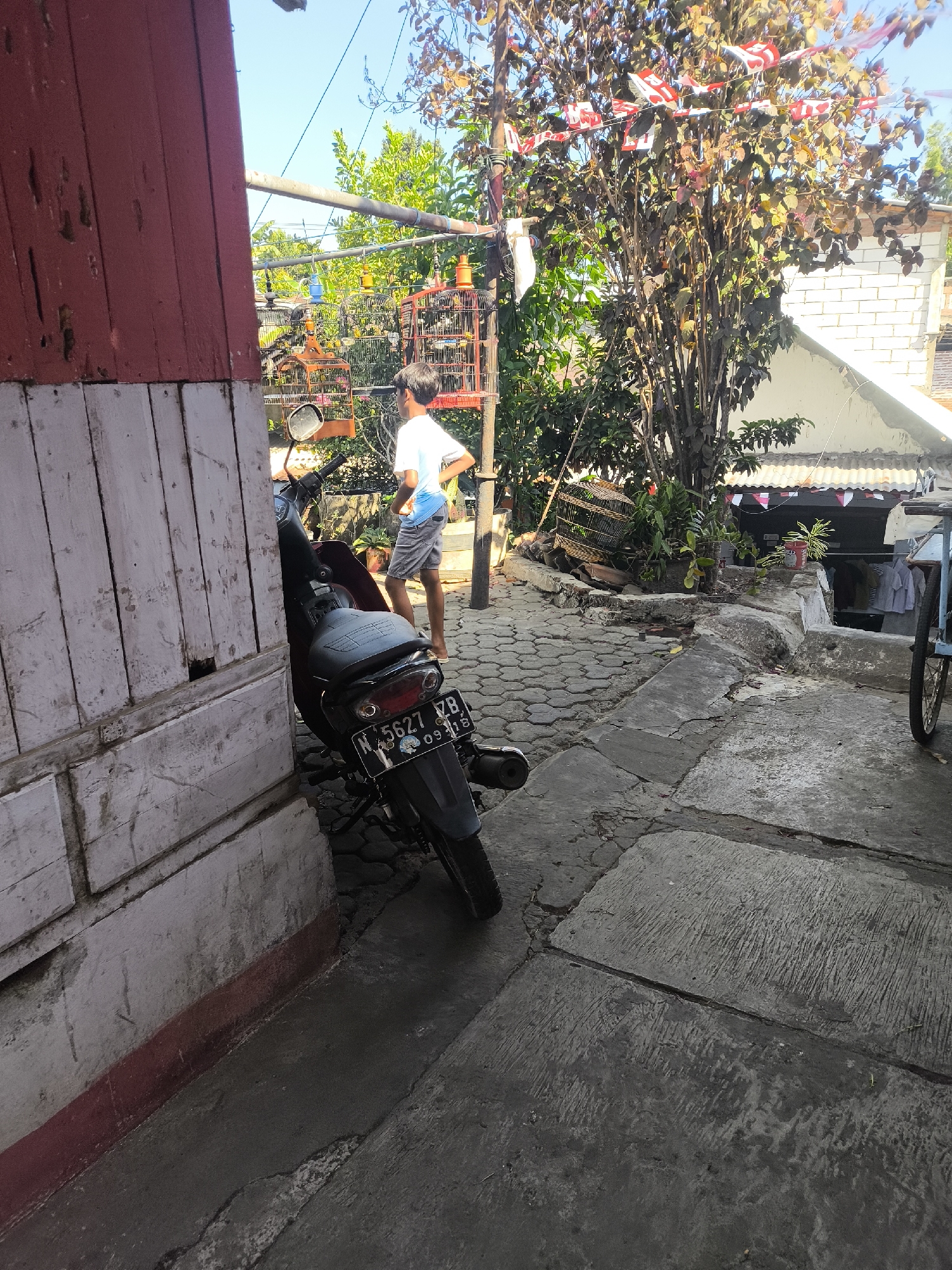 The image depicts a narrow street scene in the city of Citrodiwangsan, Indonesia, on a sunny day. In the foreground, a red and white wooden structure is on the left, partially obscuring a parked motorcycle. The motorcycle, a dark color, is facing away from the viewer and has a license plate reading "N 5627 VB 09-18". A young person, wearing a white t-shirt and grey shorts, stands near the motorcycle with their back to the camera, facing towards a row of bird cages suspended from a metal pole. The cages appear to contain birds. Behind the cages, a tree with dark leaves is decorated with red and white Indonesian flags. Beyond the tree, a building with a white brick facade and a corrugated roof is visible. The ground is paved with interlocking stones in some areas and concrete in others, showing signs of wear and cracking. To the far right, a portion of a light blue cart with a spoked wheel is visible. The overall impression is of a residential or market street in a tropical climate.