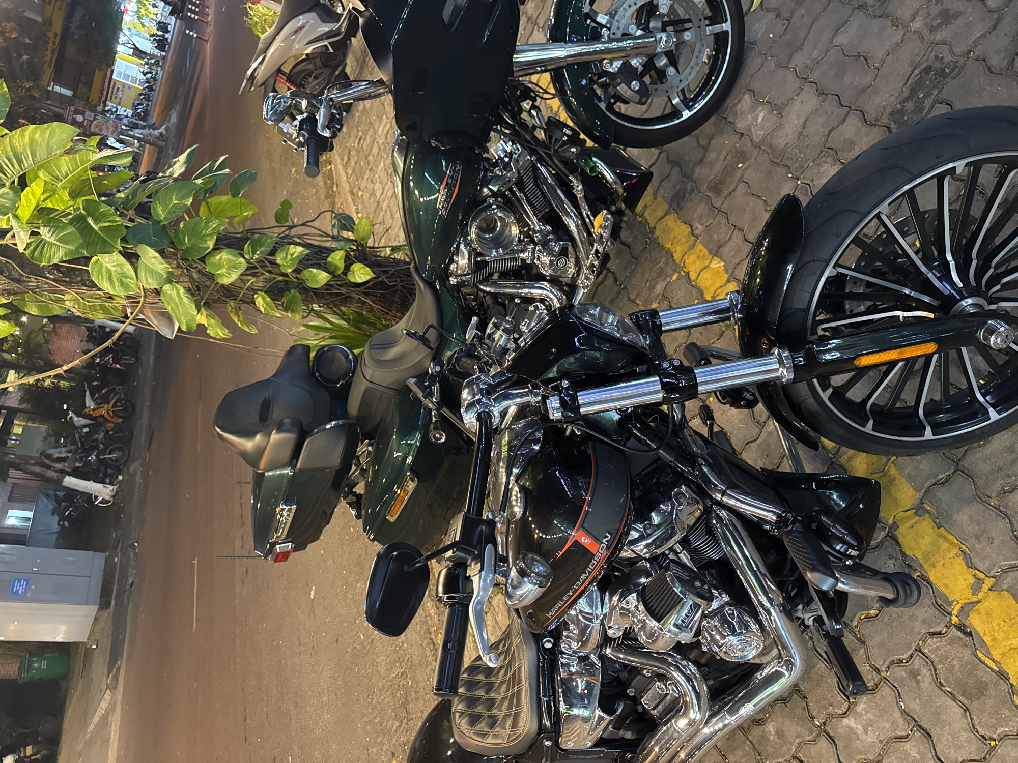 The image captures two Harley-Davidson motorcycles parked along a sidewalk in Đà Nẵng, Vietnam. The bikes are angled towards the camera, showcasing their front wheels, handlebars, and engine details. The motorcycle closer to the viewer has a black fuel tank with a red-orange stripe, a chrome engine, and a black front fender. Its front wheel features a black rim with a white and silver multi-spoke design. The second motorcycle, parked slightly behind, has a dark green color scheme, including the fairing and luggage compartments. A dense plant with green leaves and branches is partially visible on the left side of the frame. The background shows a street scene with scooters, a grey utility box, and building lights visible in the distance. The ground is paved with grey interlocking stones marked with yellow stripes. The scene appears to be at night, illuminated by street lights and vehicle headlights.