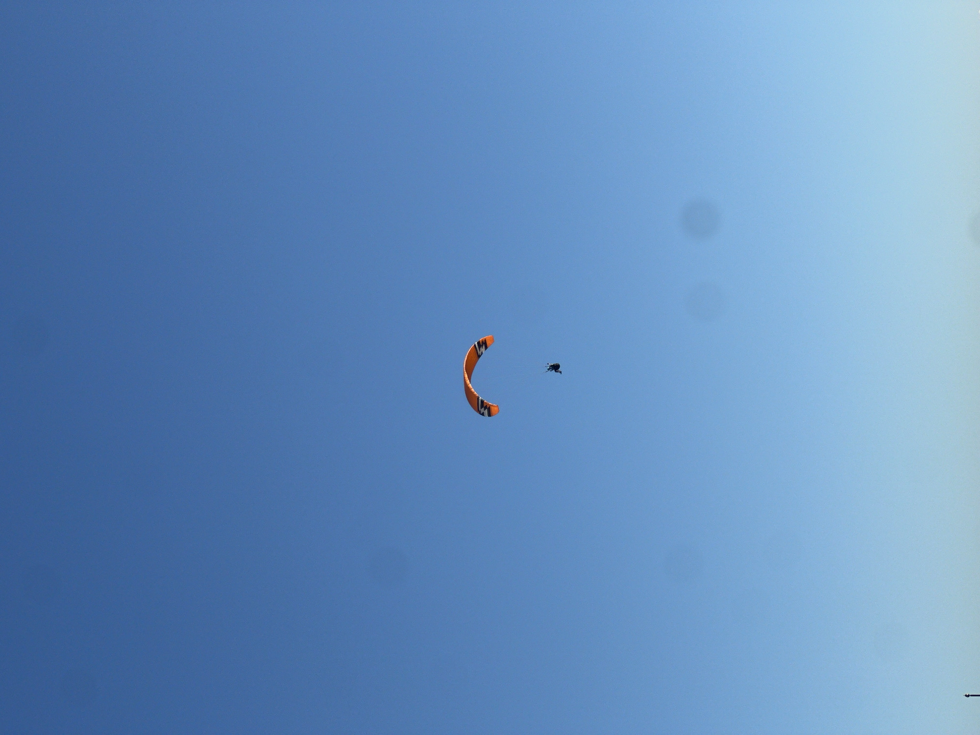 The image captures a paraglider and its pilot set against a vast, clear blue sky. The main subject is an orange paragliding canopy, or wing, which is curved and has distinct black markings on its underside, possibly a logo or a stylized letter like an "M" or "W." Directly below and slightly behind the canopy is the paraglider pilot, visible as a small, dark silhouette, clad in what appears to be dark clothing or gear.
The sky is a prominent feature, displaying a gradient of blue. It appears a deeper, more saturated blue towards the bottom and left side of the frame, gradually lightening to a paler, almost pastel blue with a hint of green towards the top right. This subtle shift in color might suggest natural atmospheric conditions or the angle of sunlight. Several circular, dark smudges are noticeable in the lighter areas of the sky, likely indicative of dust on the camera sensor. The overall impression is one of bright, clear daytime weather, suitable for aerial activities, with no clouds in sight. There are no discernible landscape features or text beyond the possible logo on the canopy.