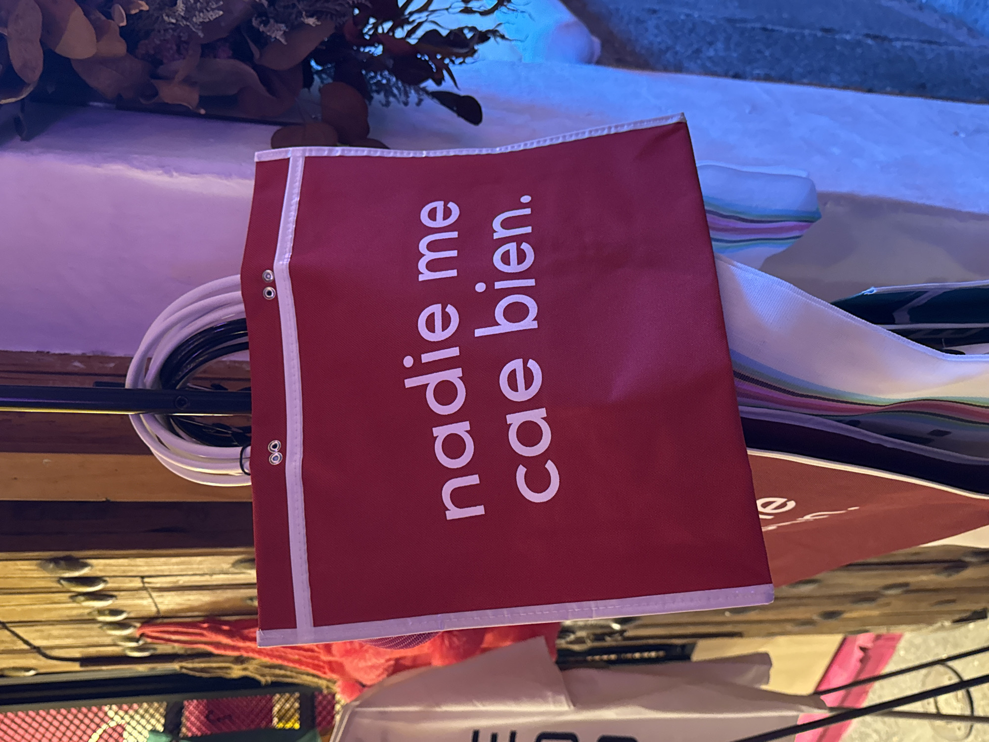 A red tote bag with the Spanish phrase "nadie me cae bien" (nobody likes me) printed in white is positioned prominently in the foreground. The bag has a white border and two grommets on the upper corner. The scene includes additional bags and what appears to be decorative foliage. The presence of wooden planks suggests a rustic or vintage interior. The overall scene suggests a shop or market setting. There are no clear indicators in the image of the specific location of the city of Puebla, Mexico.