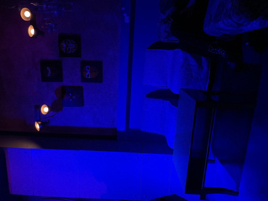 The image captures an indoor scene, likely a bedroom or lounge area, bathed in strong blue ambient light, creating a moody atmosphere. The overall orientation of the image is rotated 90 degrees clockwise.
**Subjects:**
* One person is partially visible on what appears to be a bed or sofa positioned on the right side of the frame (when viewed upright). The person is mostly obscured by shadows and white bedding or cushions, with only their upper body and legs discernible, wearing dark clothing. They appear to be resting or relaxing.
* **Objects:**
* Four square art pieces depicting stylized masks or faces are mounted on the wall. From top to bottom, left to right: one resembling a skull or animal face, one a simple white mask, one with large, prominent glasses, and one with a pointed chin and narrow eyes.
* Two sets of track lighting are affixed to the wall, each featuring two directional bulbs emitting warm, yellow light. One set is near the top of the art display, and another is below it, illuminating the wall and artwork.
* A bed or sofa with white bedding/cushions occupies the right side of the room.
* A dark, rectangular table or shelf stands next to the bed/sofa.
* Below the wall art, a darker, horizontal panel separates the textured wall from a lighter, possibly paneled or tiled surface, which glows with the intense blue light.
**Activity or Event:** The primary activity appears to be relaxation or rest, suggested by the person lying on the bed/sofa.
**Notable Details:**
* **Time of day:** The artificial blue and yellow lighting strongly suggests it is nighttime or late evening.
* **Lighting:** The dominant feature is the pervasive blue light, which contrasts sharply with the warm, localized yellow light from the track lights, creating depth and a dramatic effect.
* **Setting:** The room features textured walls where the art is hung, and distinct furniture including the bed/sofa and side table.
* **Location Cues:** While the context states Drapetsona, Greece, there are no specific visual cues within the image itself to confirm this location.
**Visible Text:** No discernible text is visible in the image.