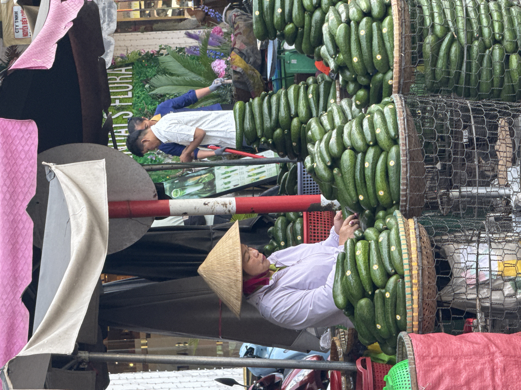 The image depicts a street scene, likely in Da Lat, Vietnam, given the presence of a woman wearing a traditional conical hat. She is positioned next to a large stack of cucumbers, organized in baskets. These baskets are displayed on what appears to be a mobile vendor cart or stand. Behind the vendor cart, another person works on a display with a sign that includes the word "FLORA". Other people are in the background. There are assorted materials and products visible in the surroundings, indicating a busy marketplace or commercial area. The scene appears to capture everyday commerce and life in the area.