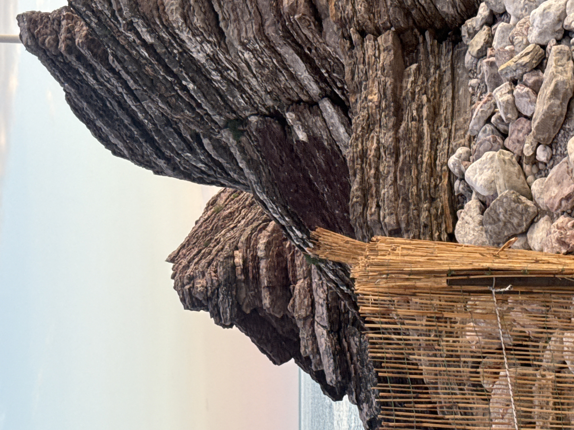 A wide-angle, eye-level outdoor shot captures a rocky coastline with layered geological formations. In the foreground, a rustic fence made of bundled reeds and supported by a metal pole is visible, with a rope woven through it. Behind the fence, a pile of various-sized rocks and stones covers the ground. The scene is dominated by two large, angular rock outcrops. The one on the right is a prominent, dark-grey formation with distinct horizontal striations, sloping upwards and to the right. To the left and slightly behind it, another similar rock formation rises, its layers appearing more reddish-brown in places. A section of the sea, appearing calm and blue, is visible to the left between the rocks. The sky above is a pale, clear blue with hints of pink and orange near the horizon, suggesting either dawn or dusk. The overall impression is a natural, rugged coastal landscape. This scene is characteristic of the beaches and coastline found in Rafailovići, Montenegro, a popular tourist destination known for its scenic rocky shores and proximity to the Adriatic Sea.